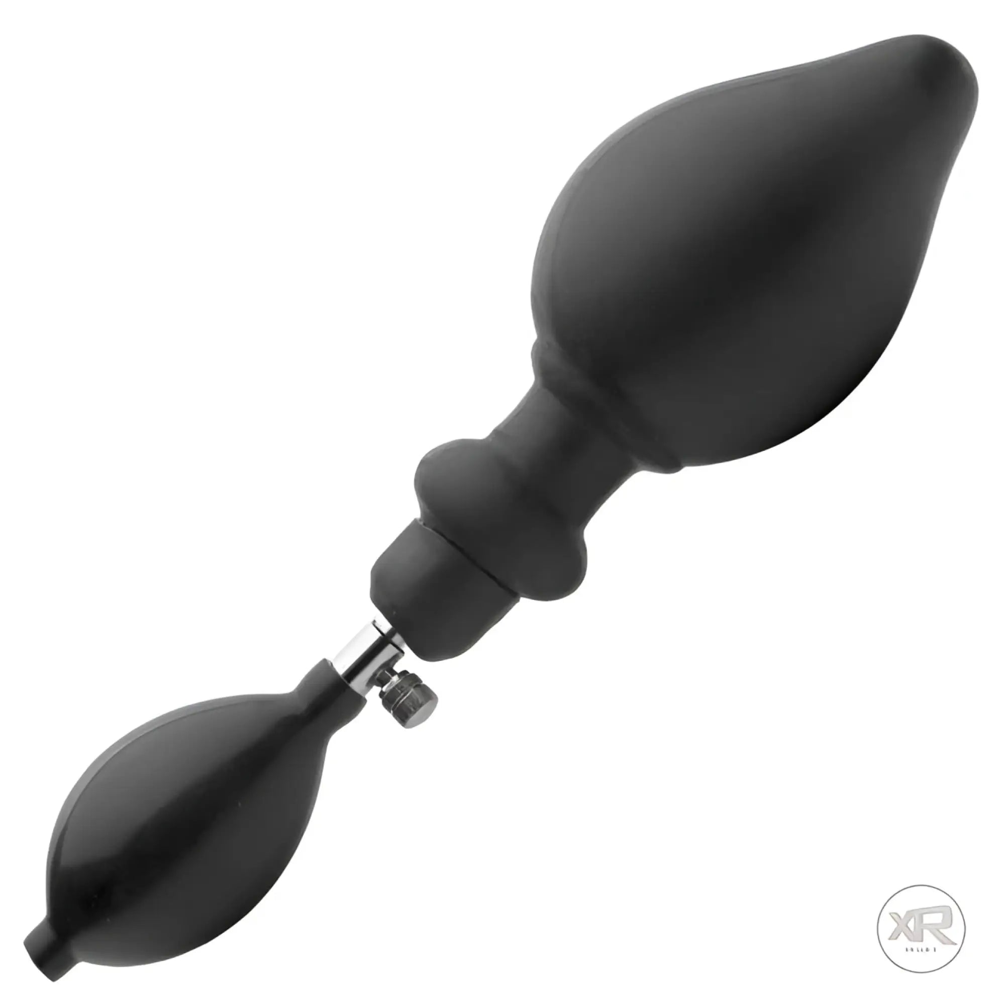 Master Series Expander: A matte black, bulbous inflatable anal plug connected to a handheld manual pump.