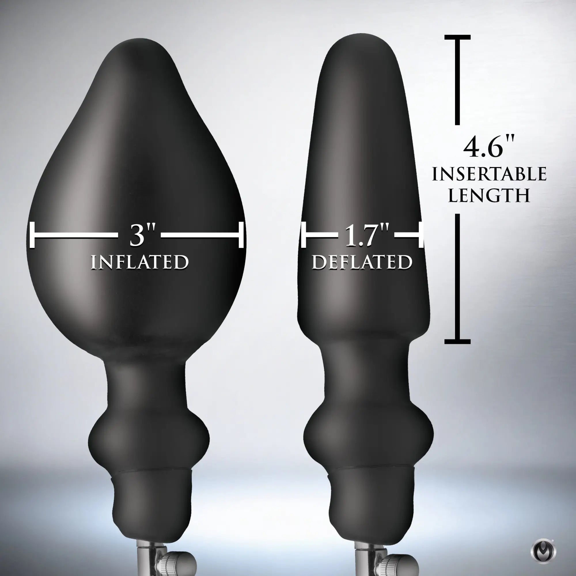 Master Series Expander Inflatable Anal Plug, shown in black, displaying inflated (3") vs. deflated (1.7") dimensions.