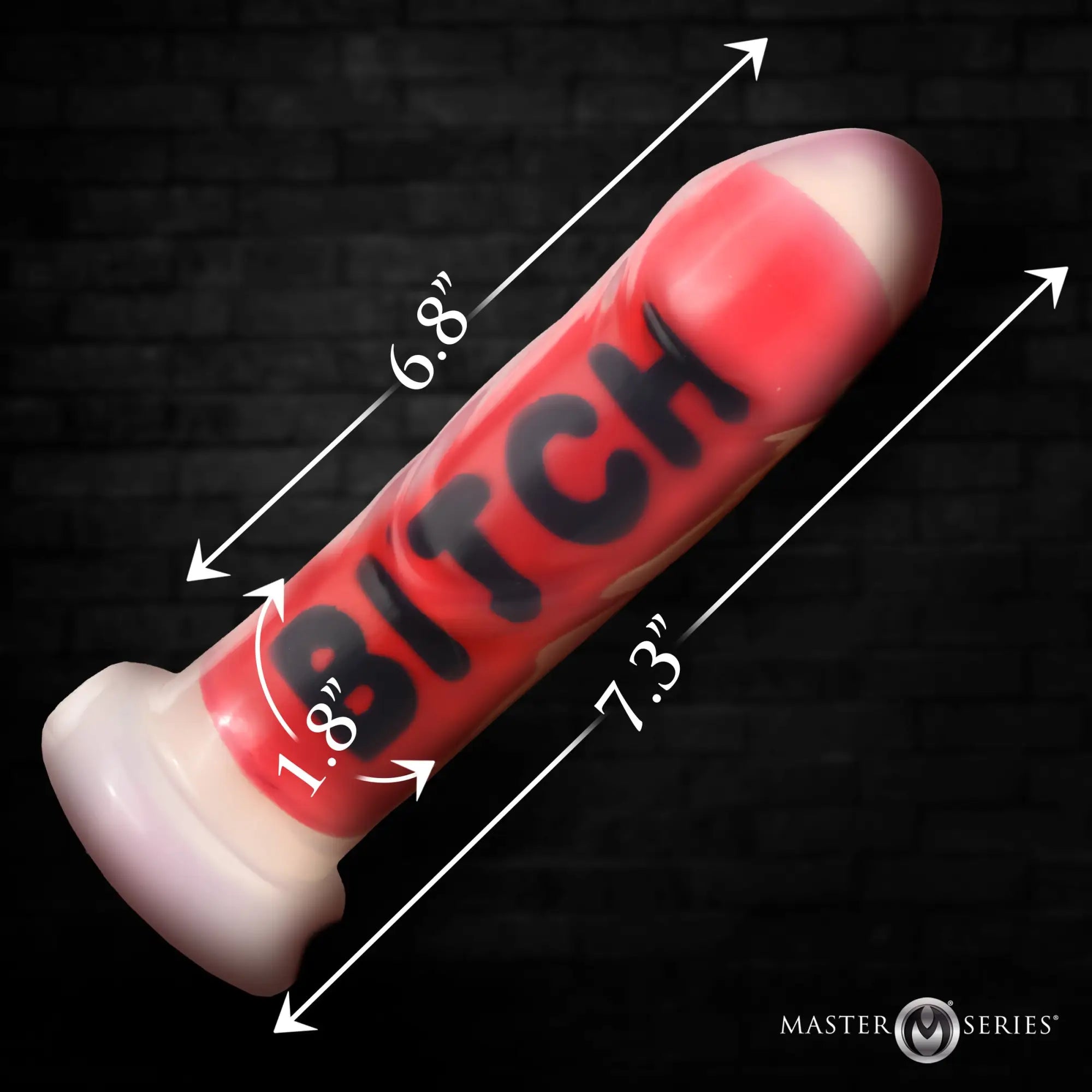 Master Series The Explicit Text silicone dildo in red and translucent white with the word "BITCH" printed in black.