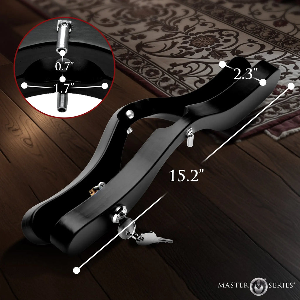 Master Series Exposed E-Stim Wooden Humbler in black, shown with a lock, key, and dimensional measurement annotations.