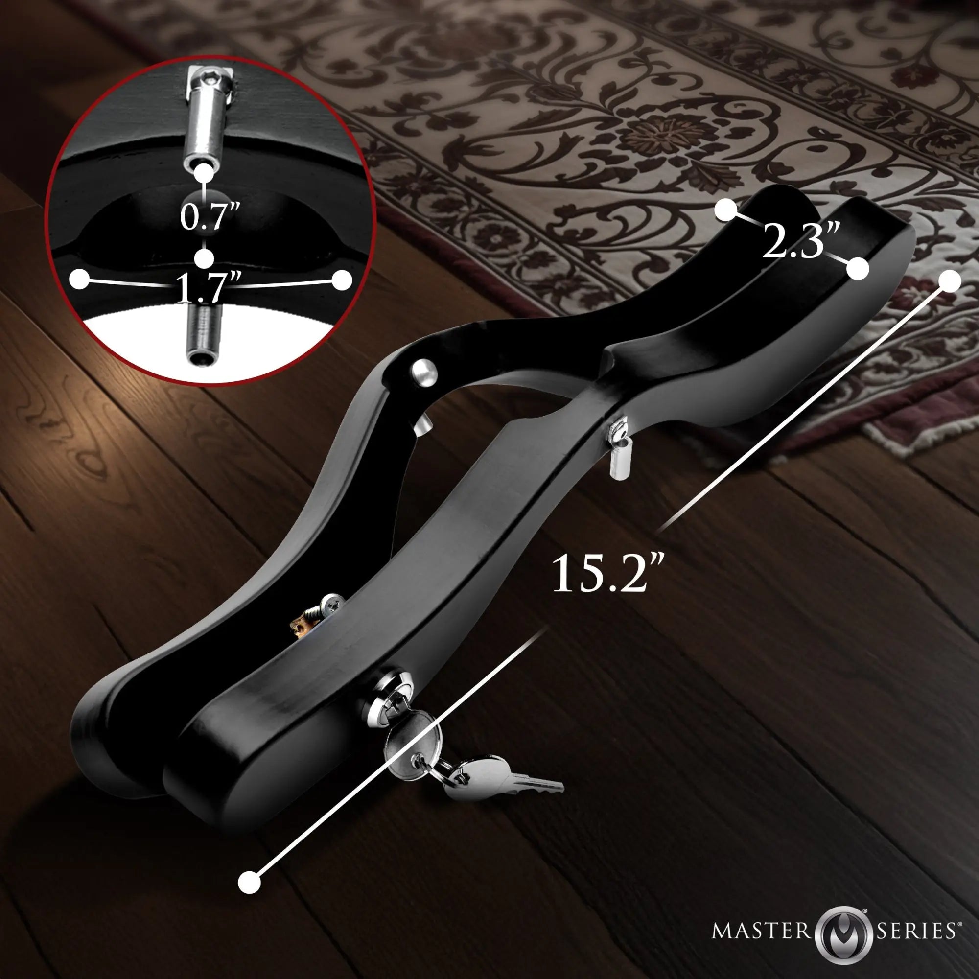 Master Series Exposed E-Stim Wooden Humbler in black, shown with a lock, key, and dimensional measurement annotations.