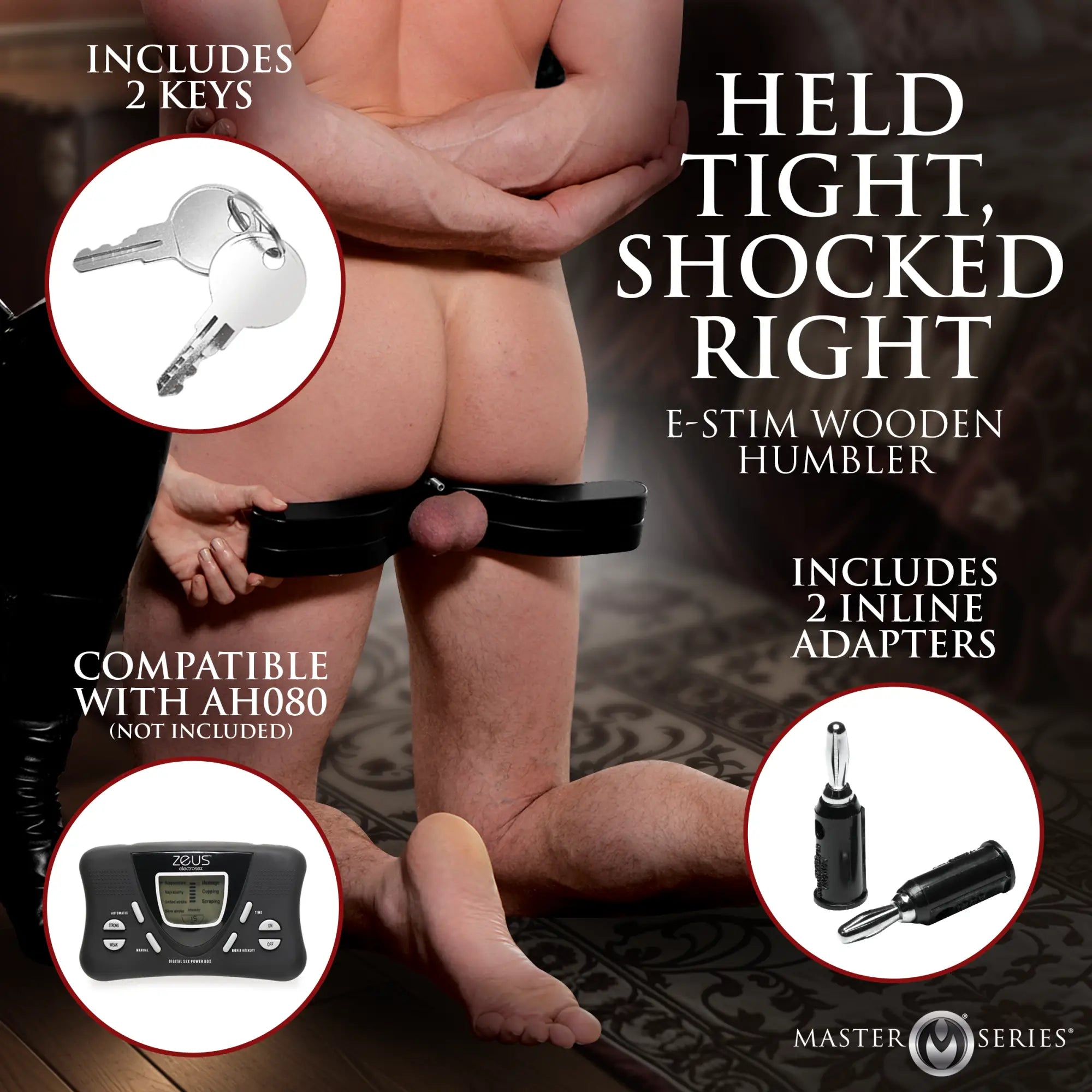 Master Series Exposed E-Stim Wooden Humbler in black, shown in use, with inset images of keys and two inline adapters.
