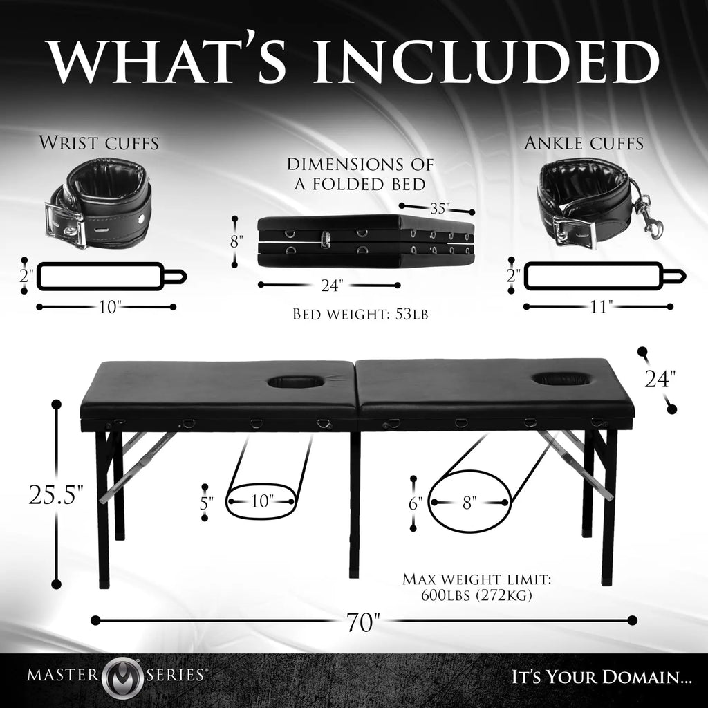 Master Series Extreme Bondage and Milking Table diagram showing black leather bed, wrist and ankle cuffs, and dimensions.