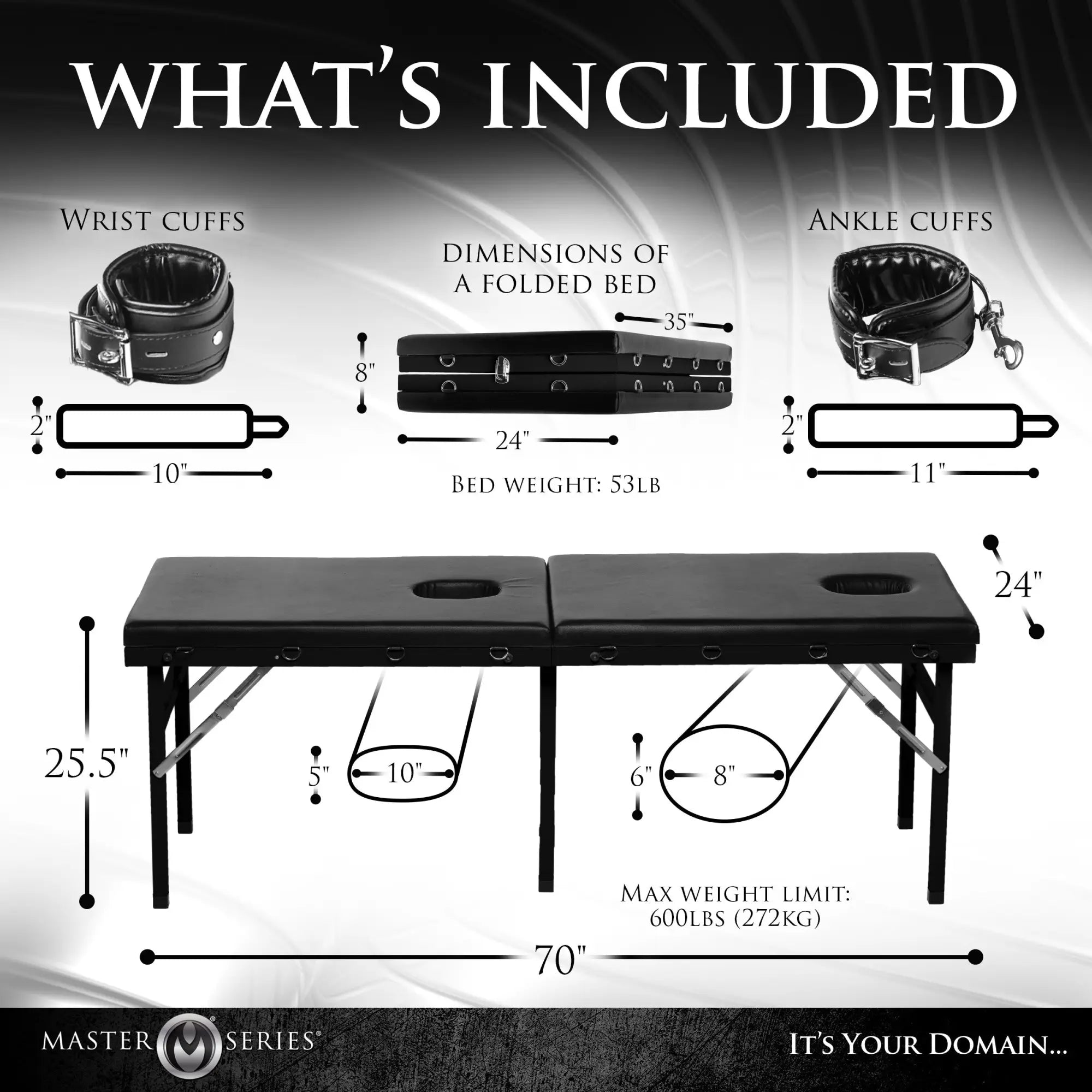 Master Series Extreme Bondage and Milking Table diagram showing black leather bed, wrist and ankle cuffs, and dimensions.