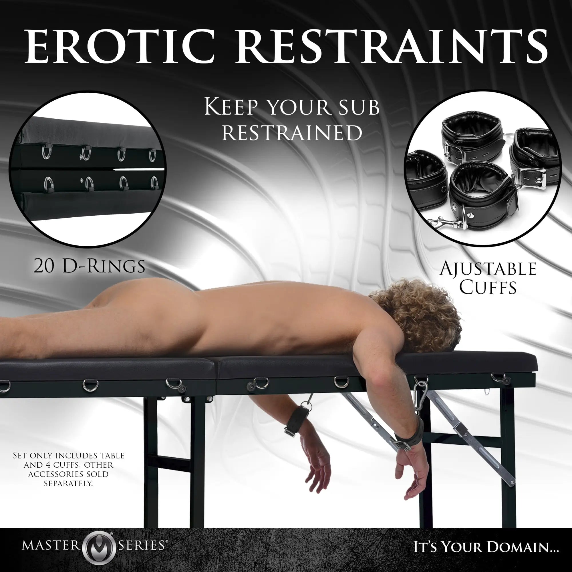 Master Series Extreme Bondage and Milking Table: A black table with 20 D-rings and adjustable cuffs for restraint.