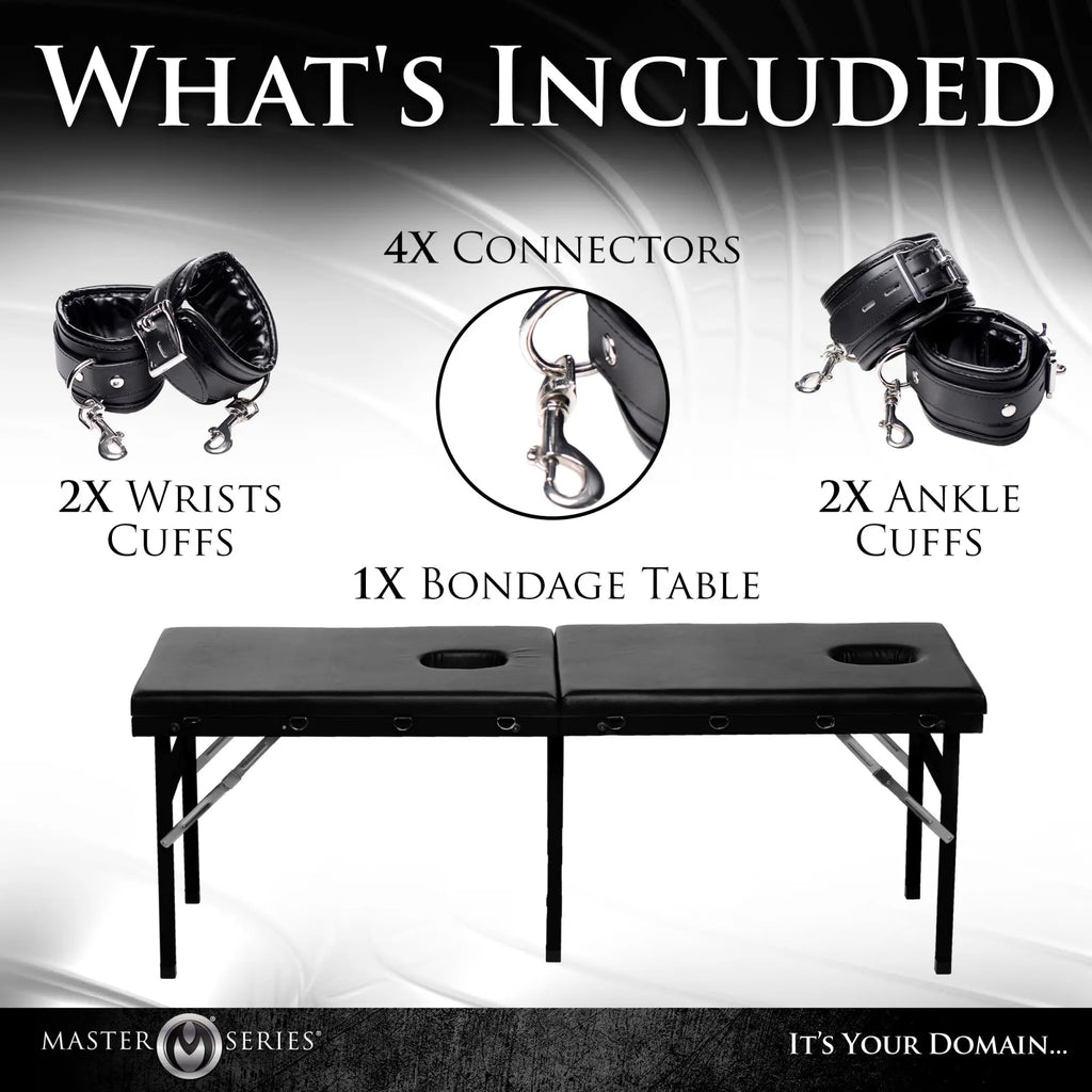 Master Series Extreme Bondage and Milking Table set featuring a black padded table and four matching black cuffs.