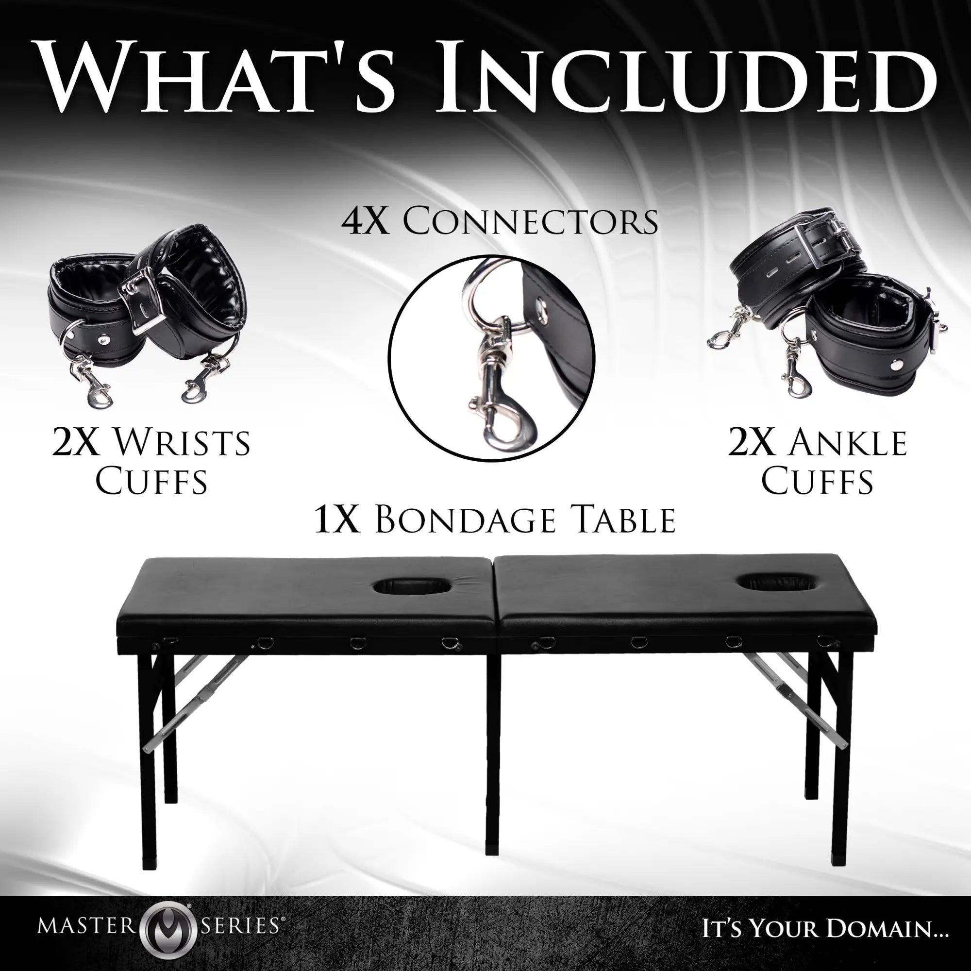 Master Series Extreme Bondage and Milking Table set featuring a black padded table and four matching black cuffs.