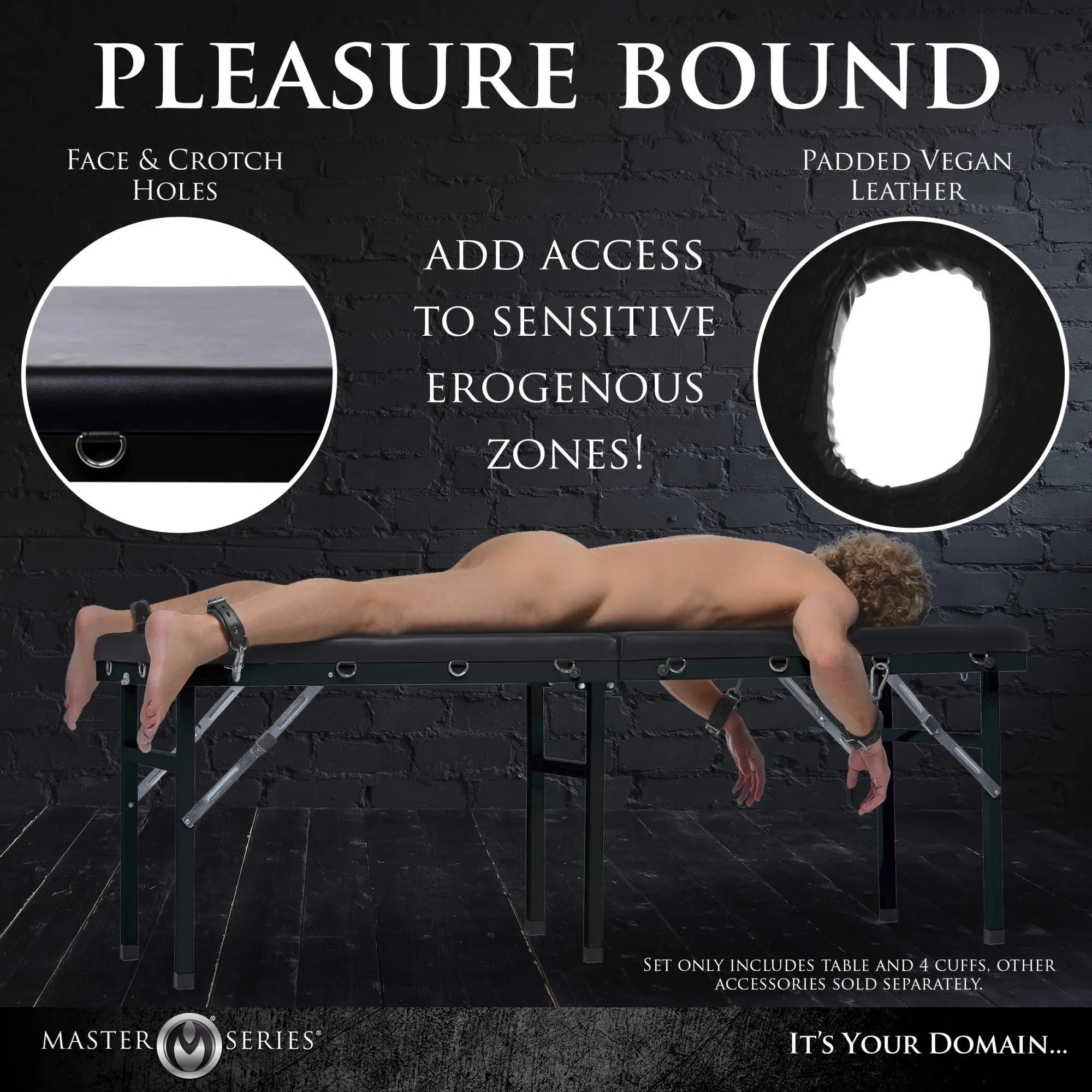 Master Series Extreme Bondage and Milking Table: black vegan leather with cutouts, metal frame, and four cuffs.