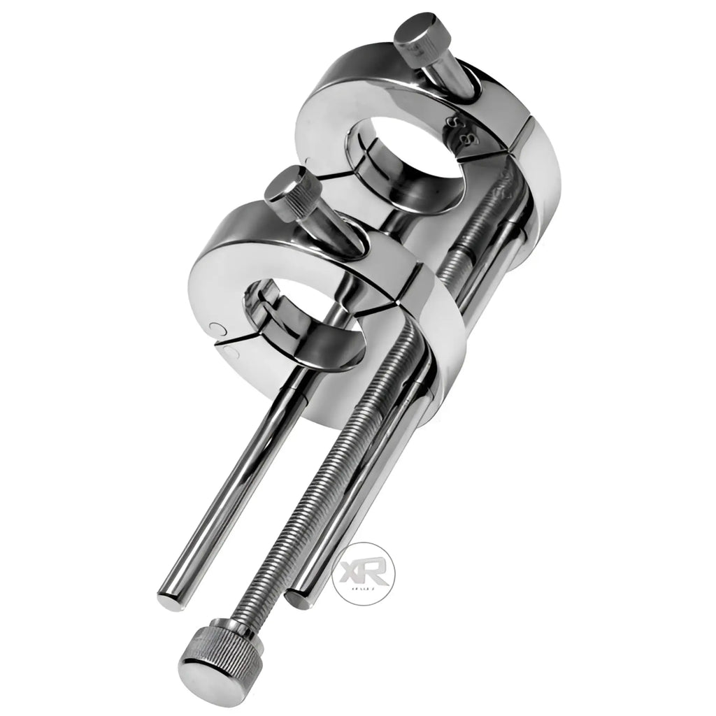 Master Series Extreme Double Ring ball stretcher in polished chrome metal with adjustable threaded tightening screws.