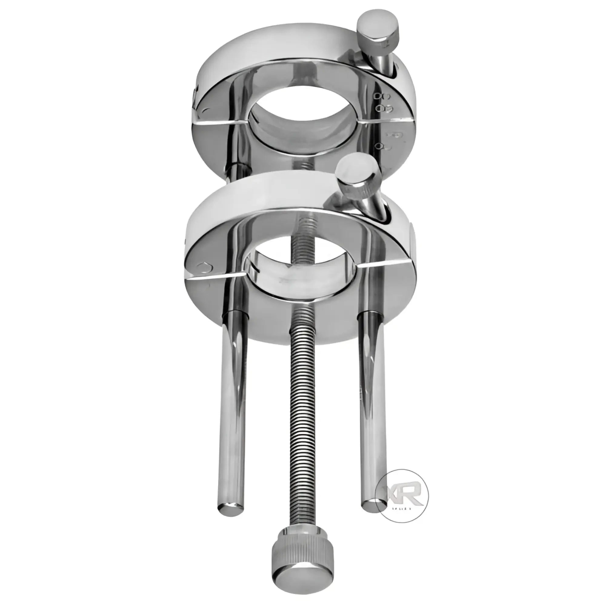 Master Series Extreme Double Ring CBT ball stretcher in polished silver metal with adjustable rods and threaded screw.