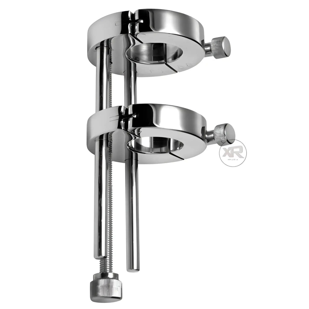 Master Series Extreme double ring ball stretcher in polished chrome metal with adjustable screw mechanism.