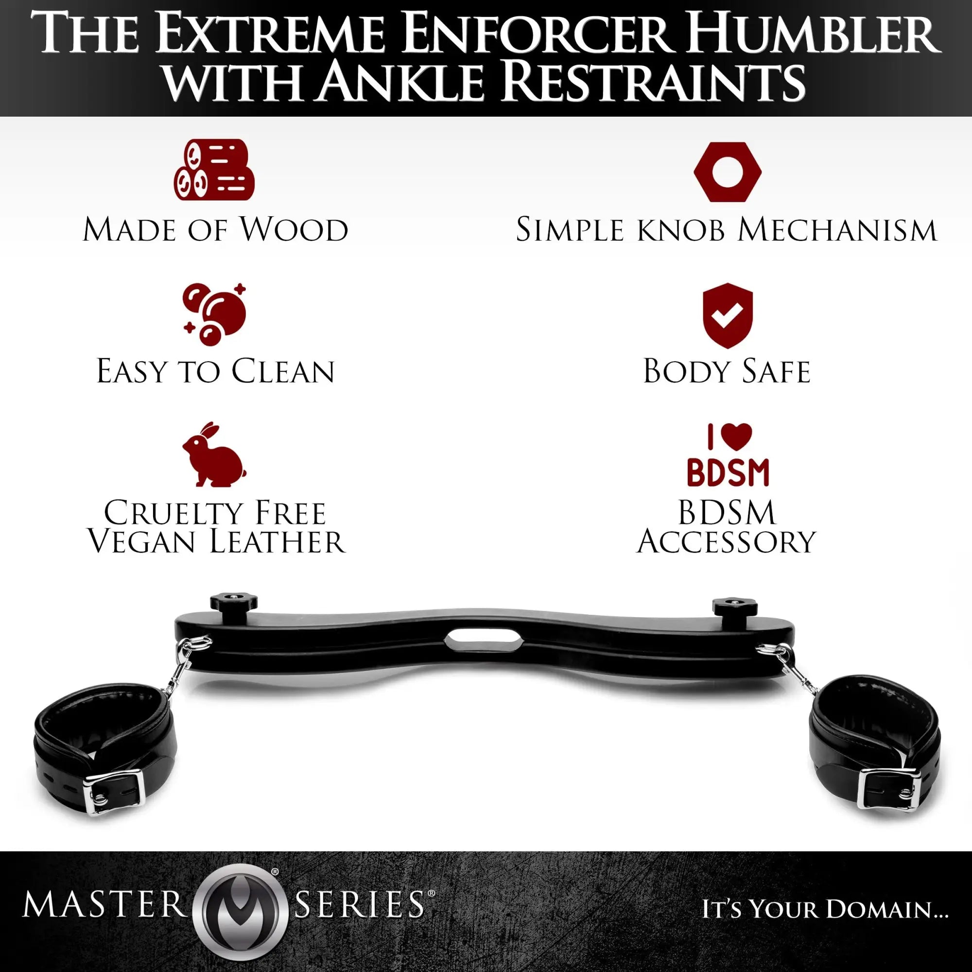 Master Series Extreme Enforcer Humbler featuring a black wooden spreader bar with attached vegan leather ankle cuffs.