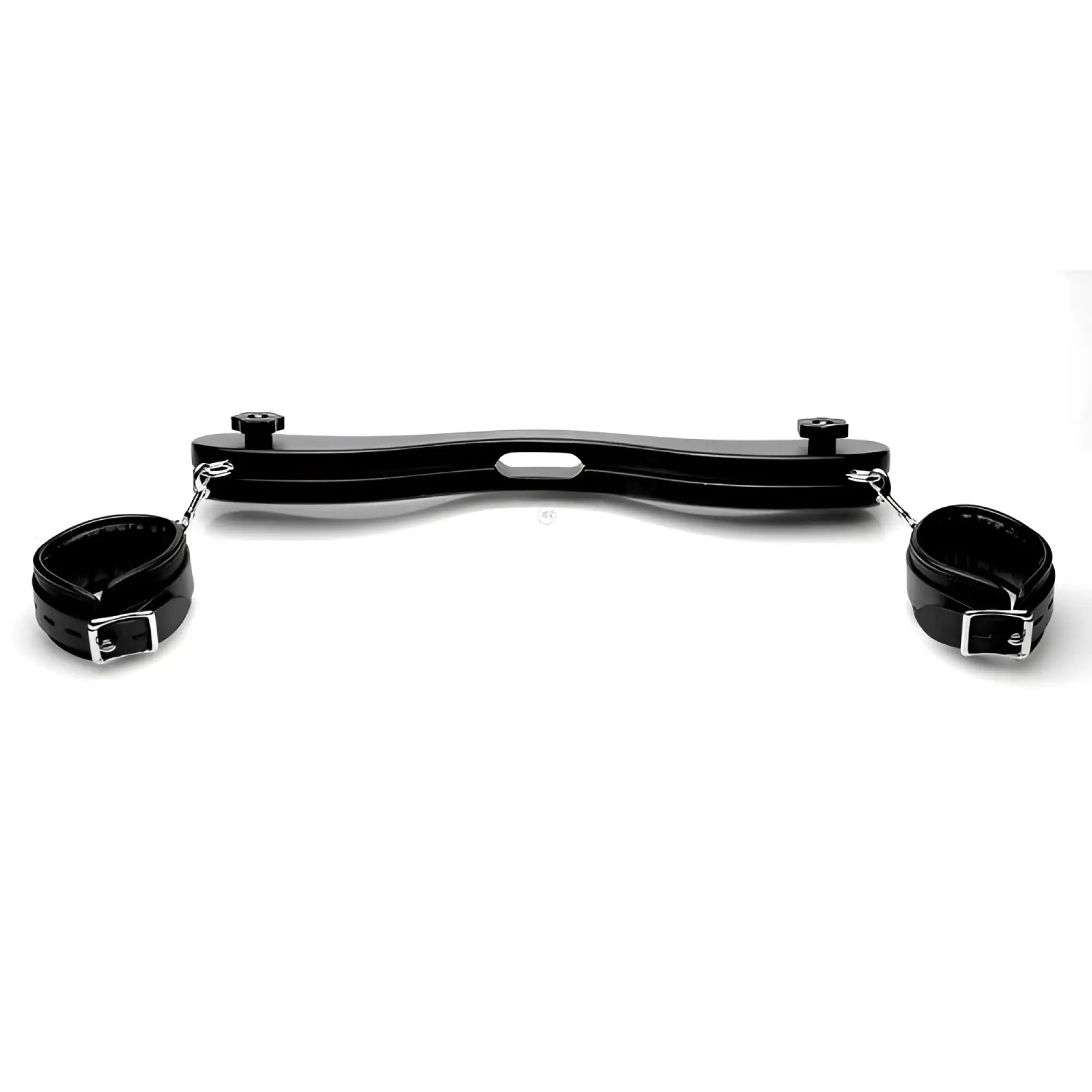 Master Series The Extreme Enforcer Humbler: a black curved wooden spreader bar with attached leather ankle restraints.