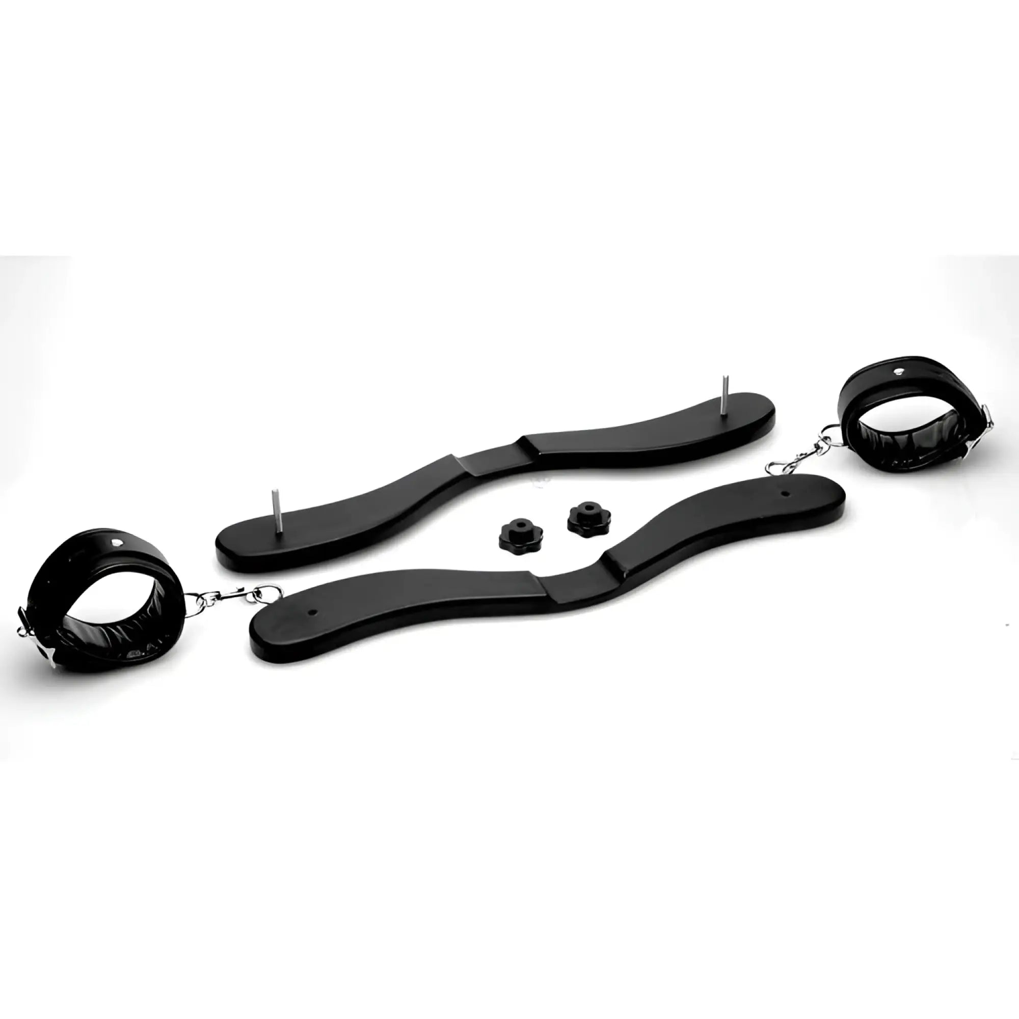 Master Series Extreme Enforcer humbler: Two black contoured wooden bars with adjustable ankle cuffs and locking knobs.