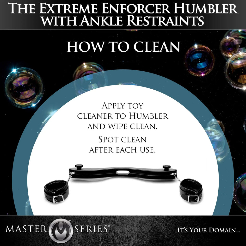 Master Series Extreme Enforcer Humbler featuring black leather ankle restraints and cleaning instructions on a dark background.