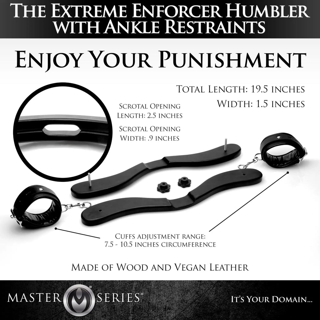 Master Series Extreme Enforcer Humbler: black wooden humbler with two vegan leather ankle cuffs and adjustment hardware.