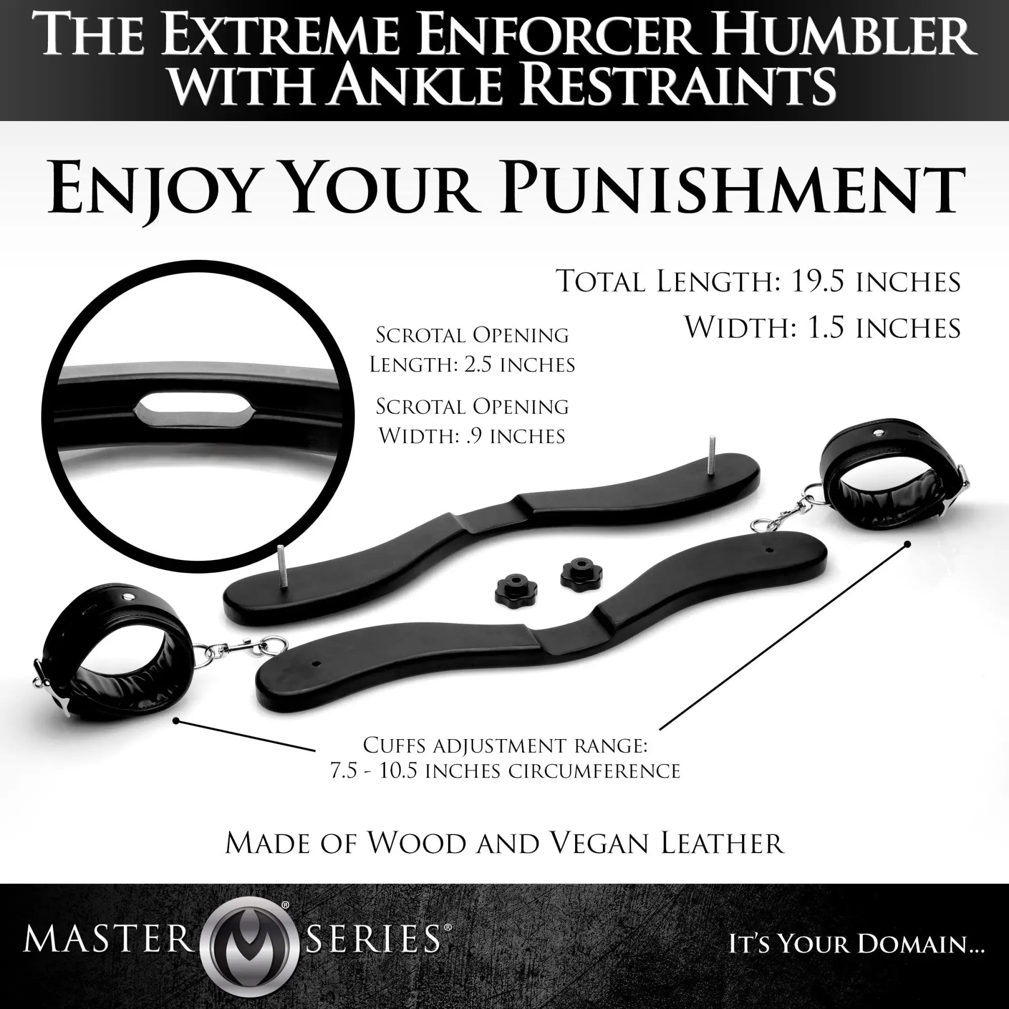 Master Series Extreme Enforcer Humbler: black wooden humbler with two vegan leather ankle cuffs and adjustment hardware.