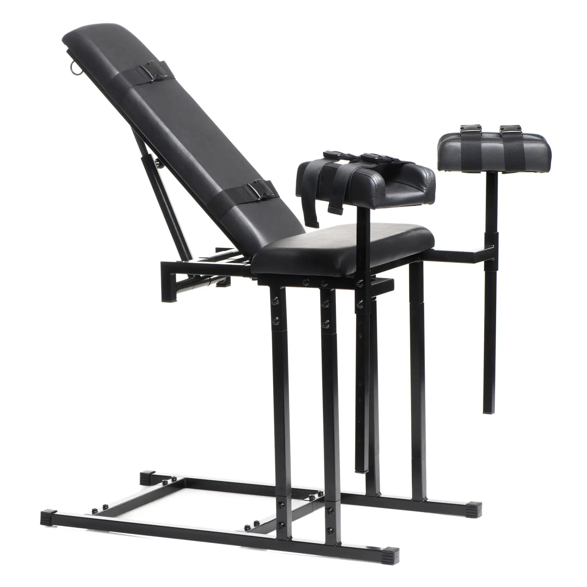 Master Series Extreme Obedience black adjustable bondage chair with padded seating, armrests, and securing straps.