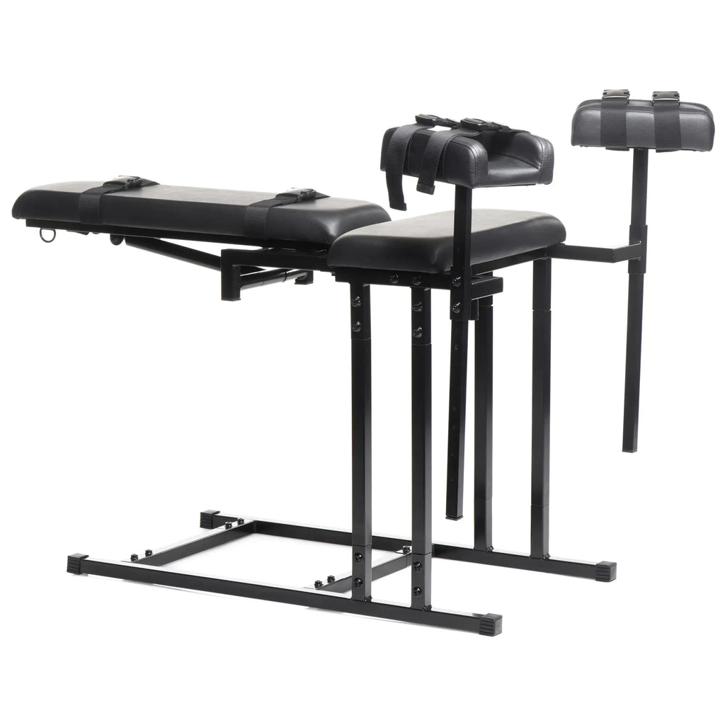 Master Series Extreme Obedience black metal bondage chair with adjustable padded cushions and restraint straps.