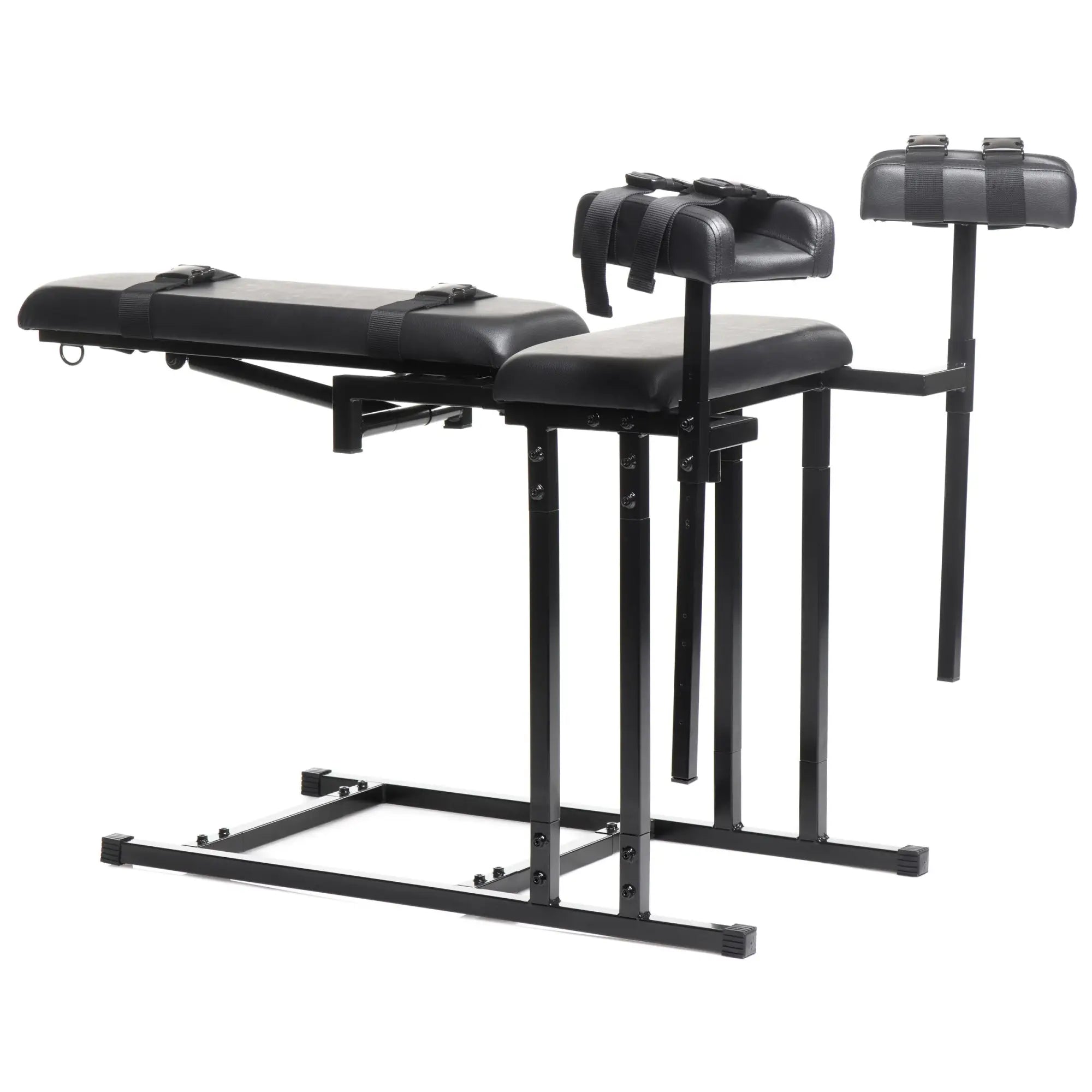 Master Series Extreme Obedience black metal bondage chair with adjustable padded cushions and restraint straps.