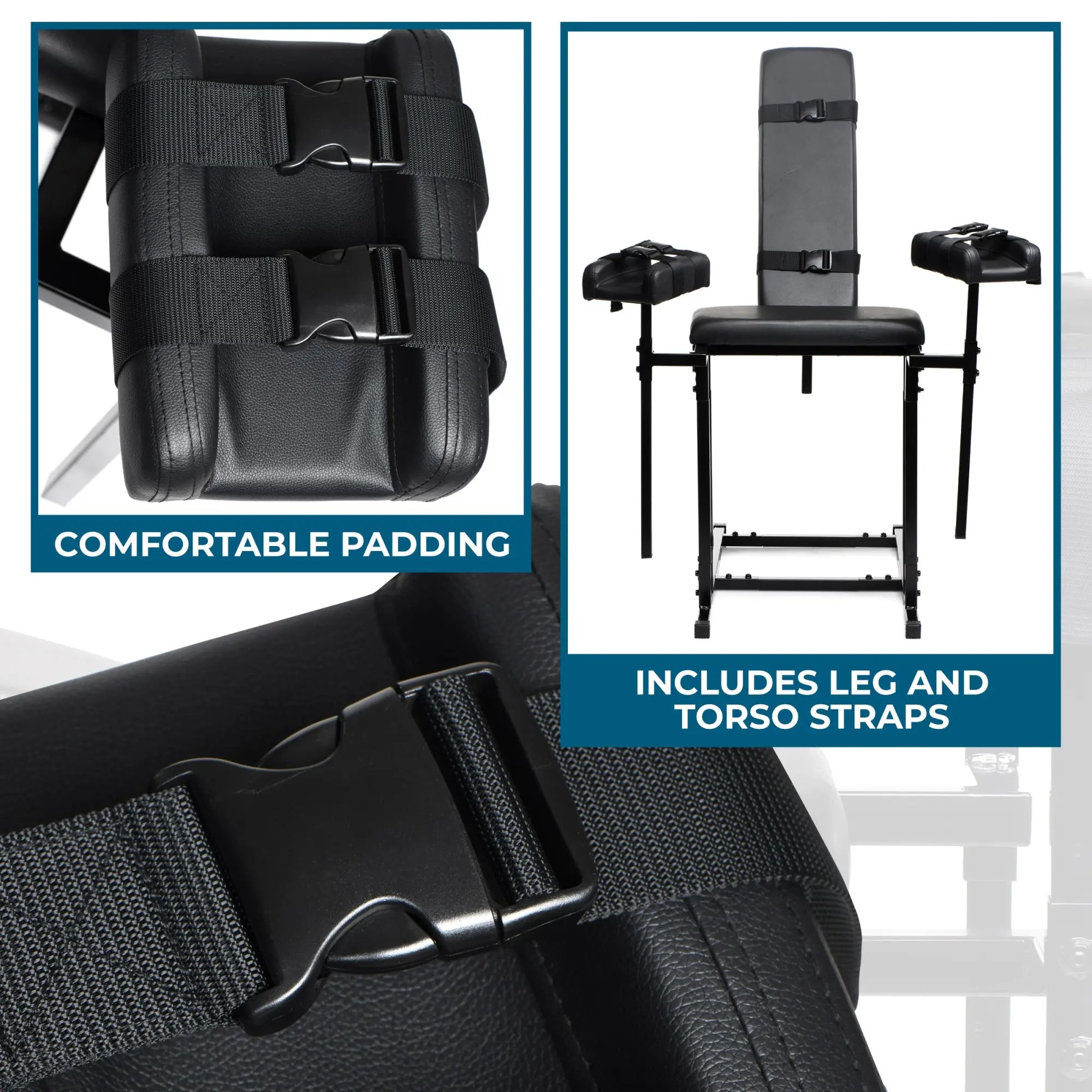 Master Series Extreme Obedience black bondage chair with padded restraints, adjustable straps, and buckles.