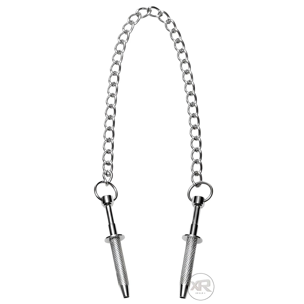 Master Series Extreme Sensation Claw Clamps: two silver metal clamps connected by a decorative link chain.