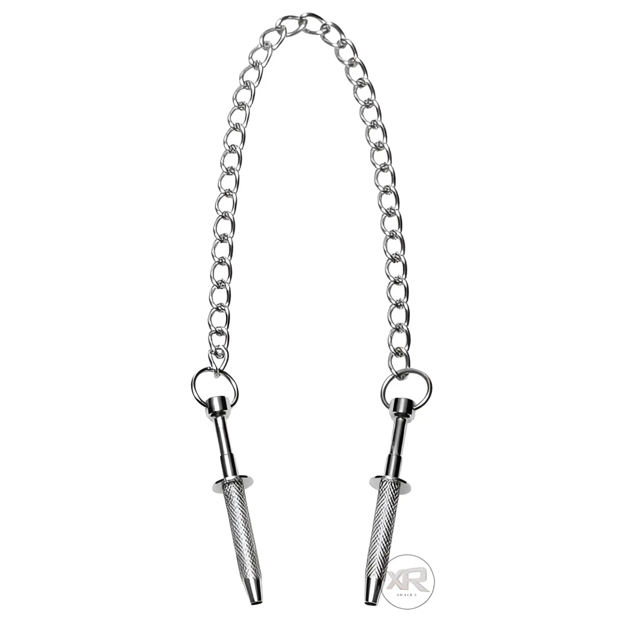 Master Series Extreme Sensation Claw Clamps: two silver metal clamps connected by a decorative link chain.