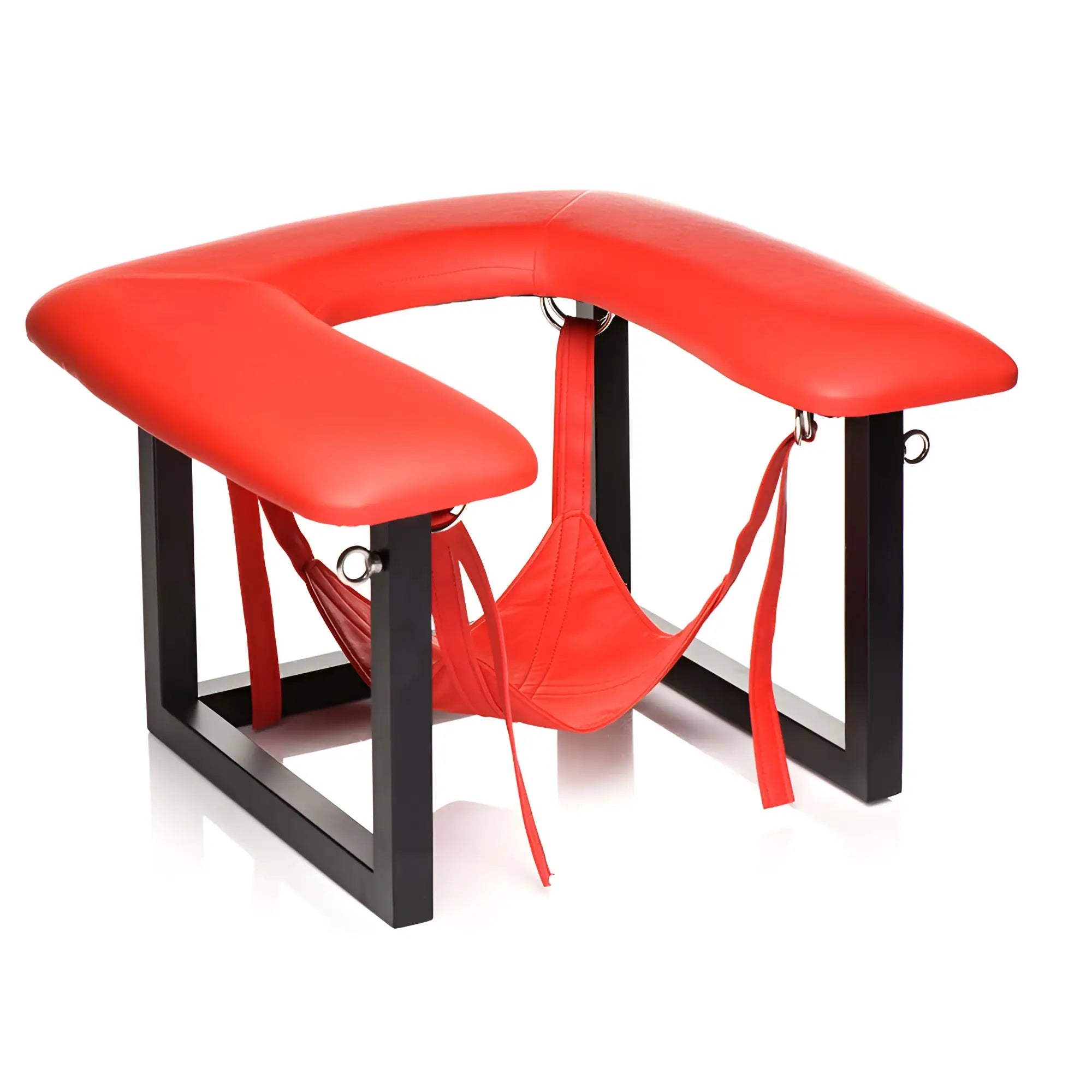 Master Series Face Rider Rimming Chair with black frame, red padded seat, and suspended red sling with metal rings.