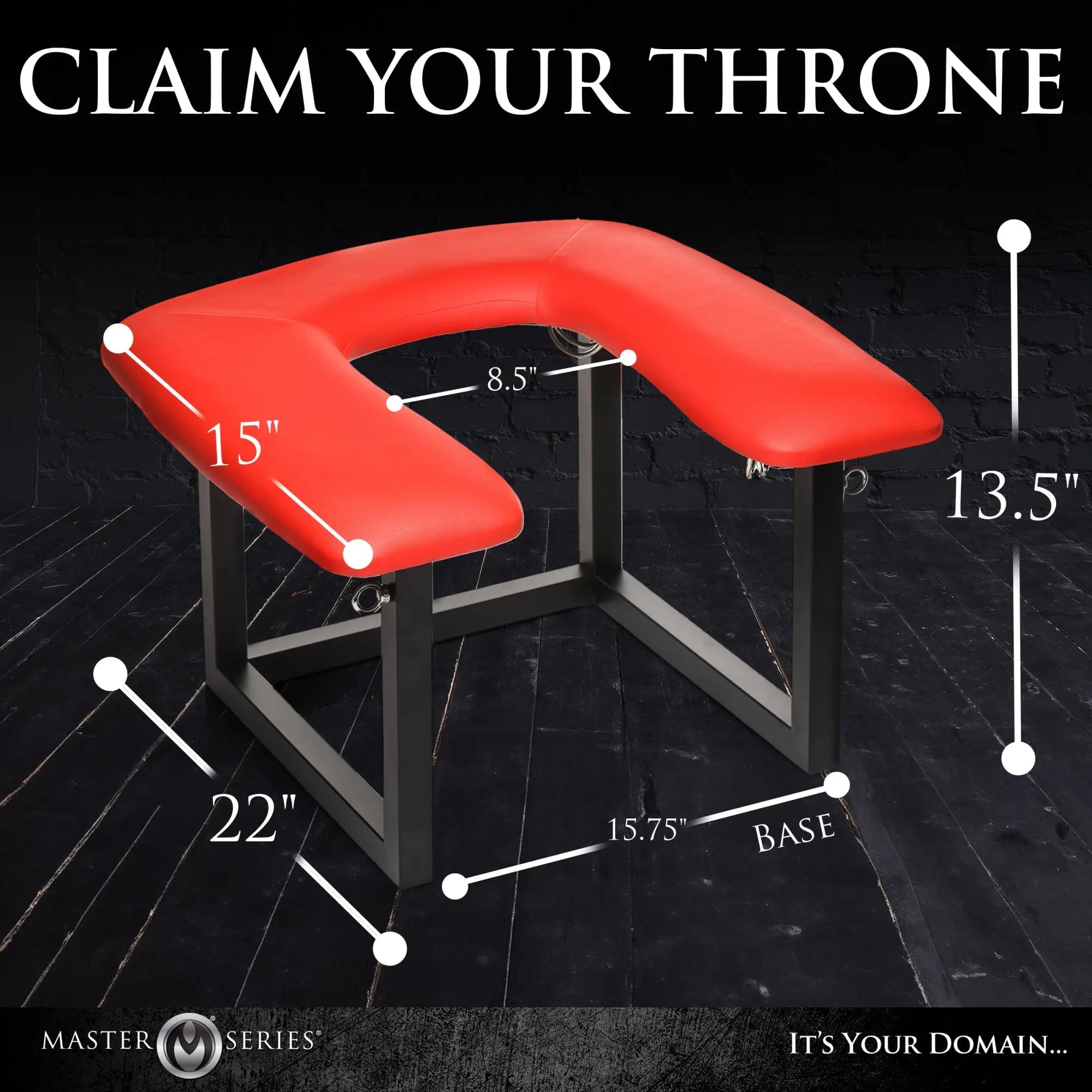 Master Series Face Rider Rimming Chair with bright red U-shaped padded seat on a black metal frame, including dimensions.