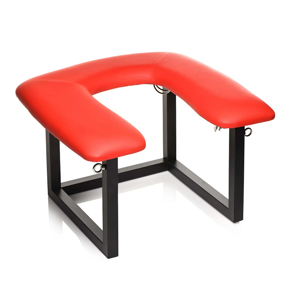 Master Series Face Rider Rimming Chair with U-shaped red padded seat on a black metal frame and silver attachment rings.