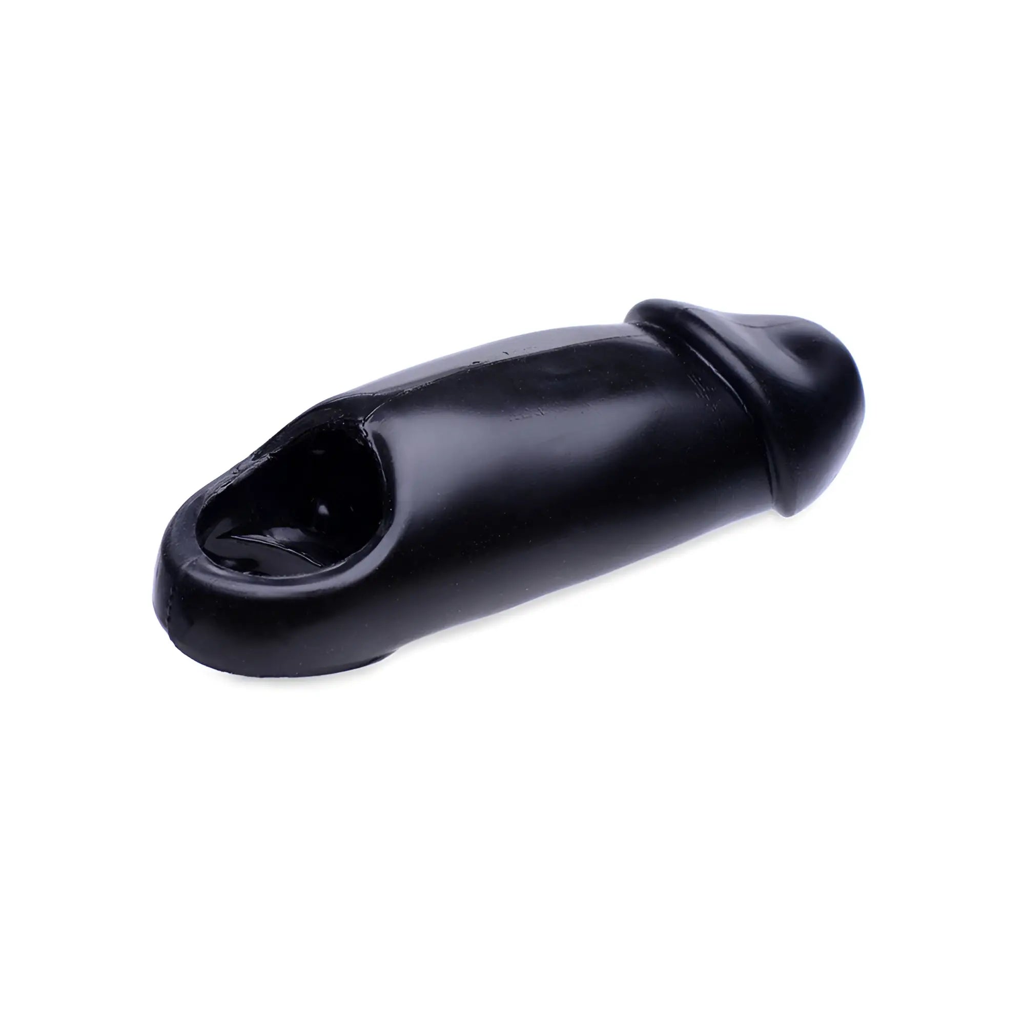 Master Series The Fat Dick penis enhancer is a smooth, black silicone sleeve with a rounded, bulbous tip.