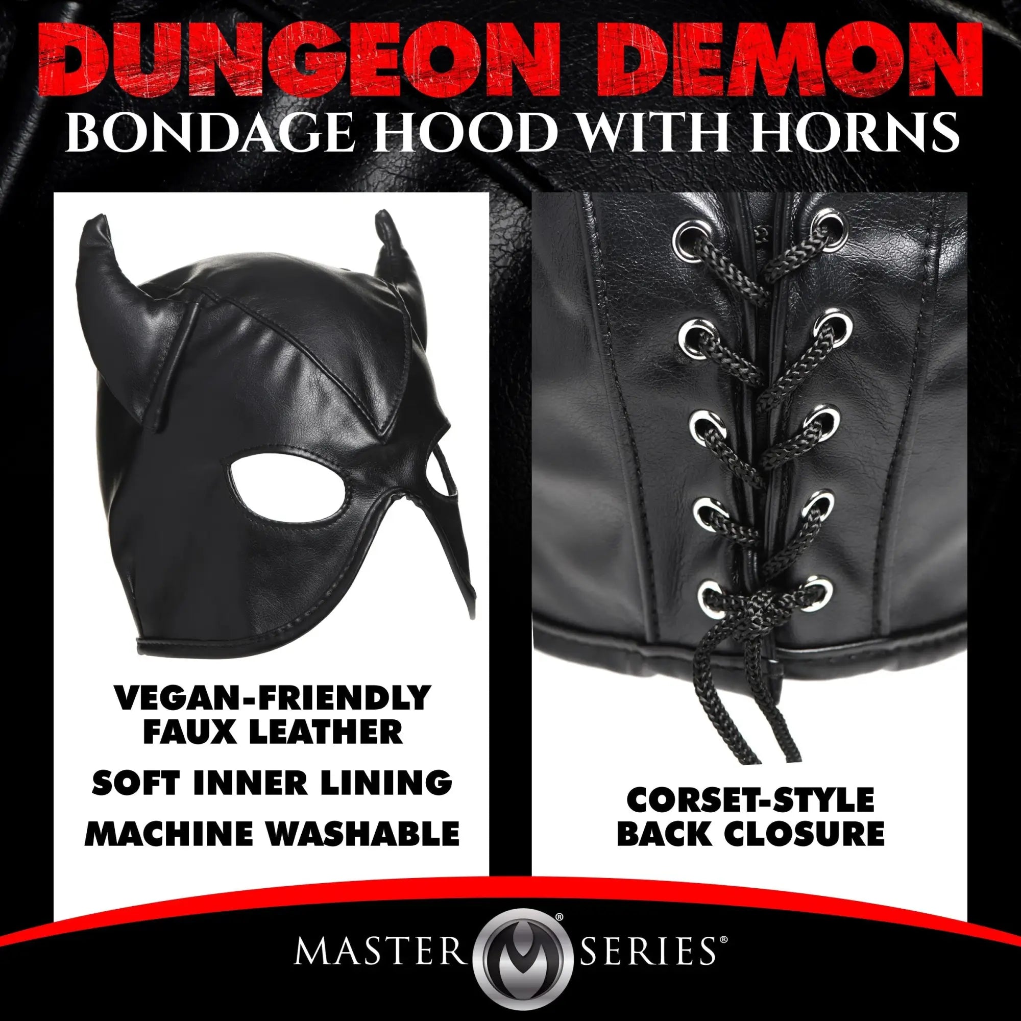 Master Series black faux leather fetish hood with devil horns and a lace-up corset-style back closure.