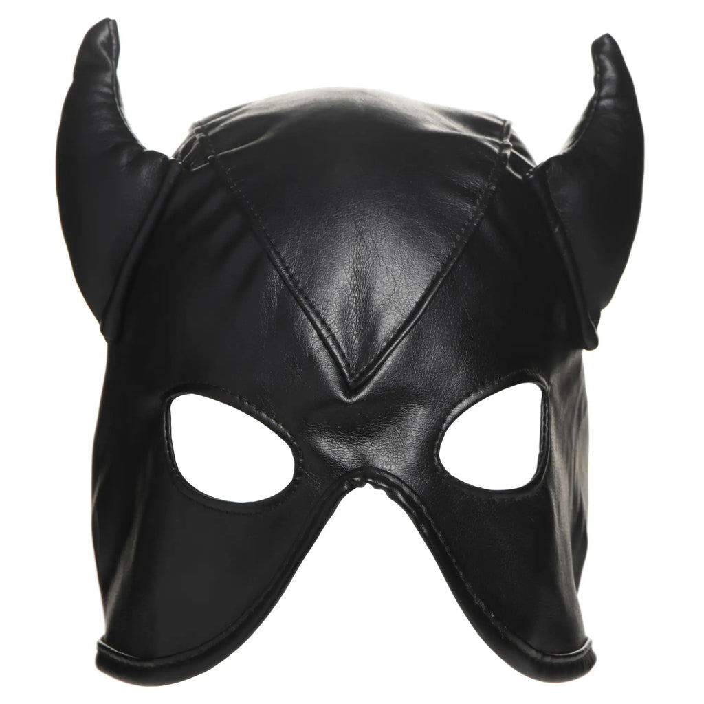 Master Series black faux leather fetish hood with prominent devil horns and open eye cutouts.