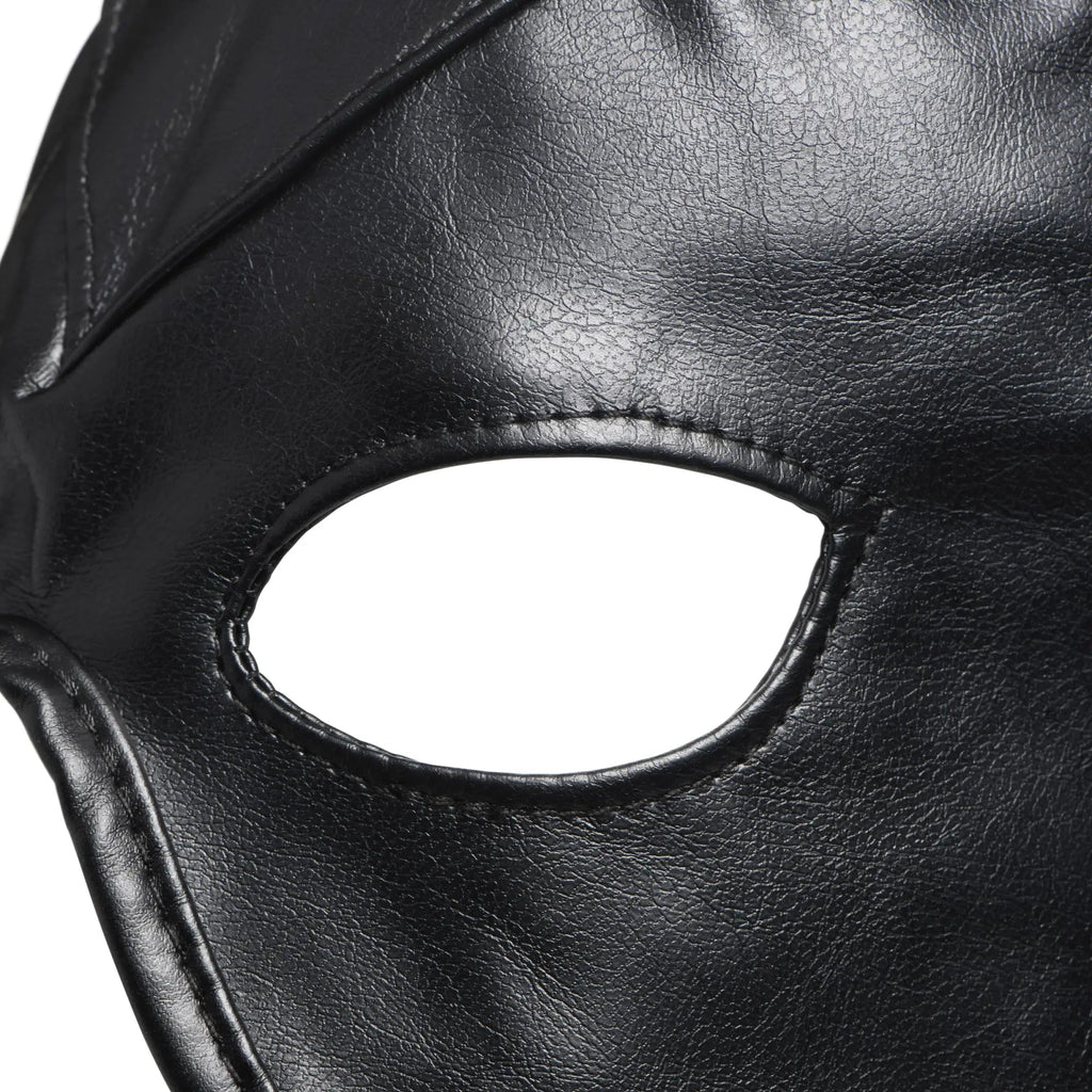 Master Series Fetish Hood with Horns: A close-up of a black, textured leather hood featuring a stitched eye cutout.