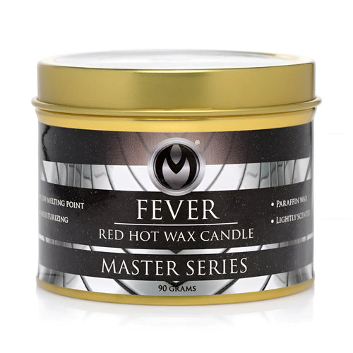 Master Series Fever Red Hot Wax Candle in a gold cylindrical tin with a black and silver decorative label.