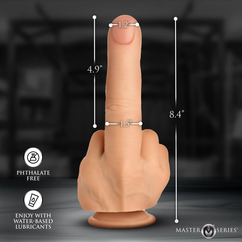 Master Series The Finger silicone dildo with realistic skin tone, showing dimensions and suction base.