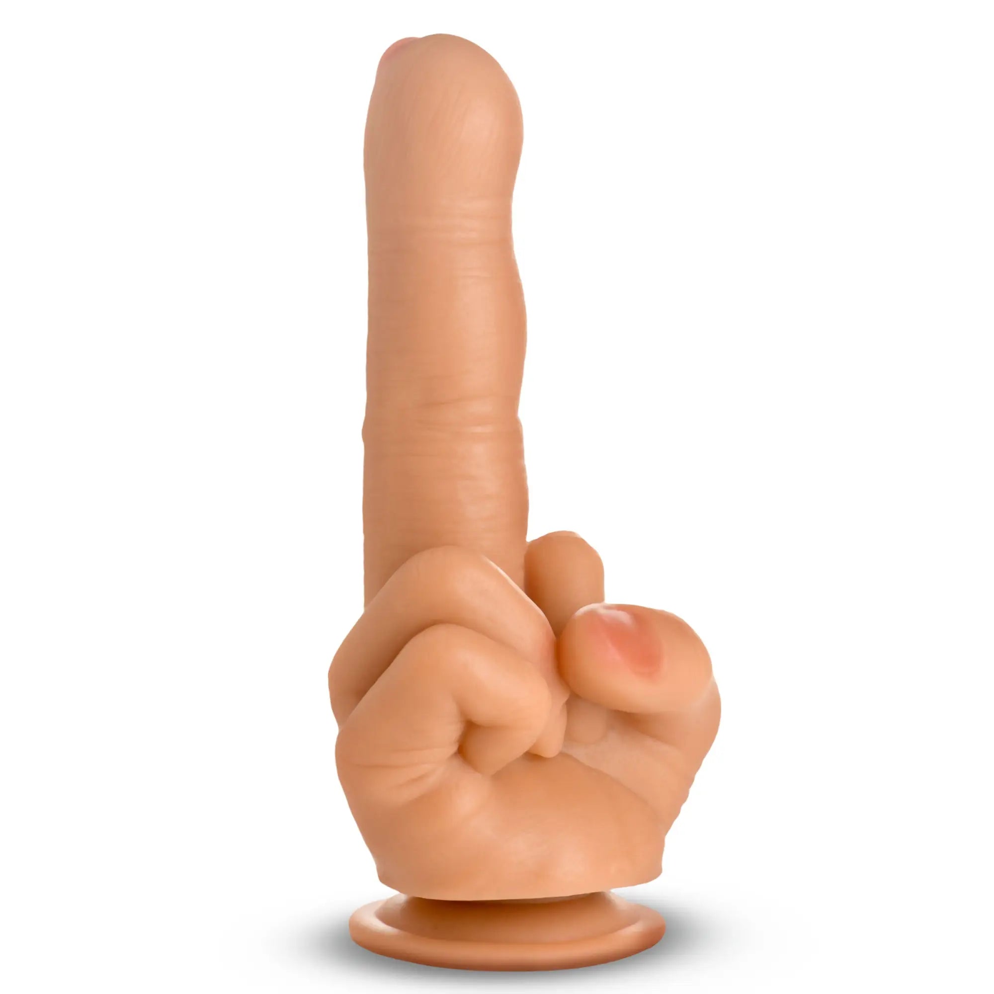 Master Series The Finger silicone dildo, realistic skin-toned hand with an extended middle finger and suction base.