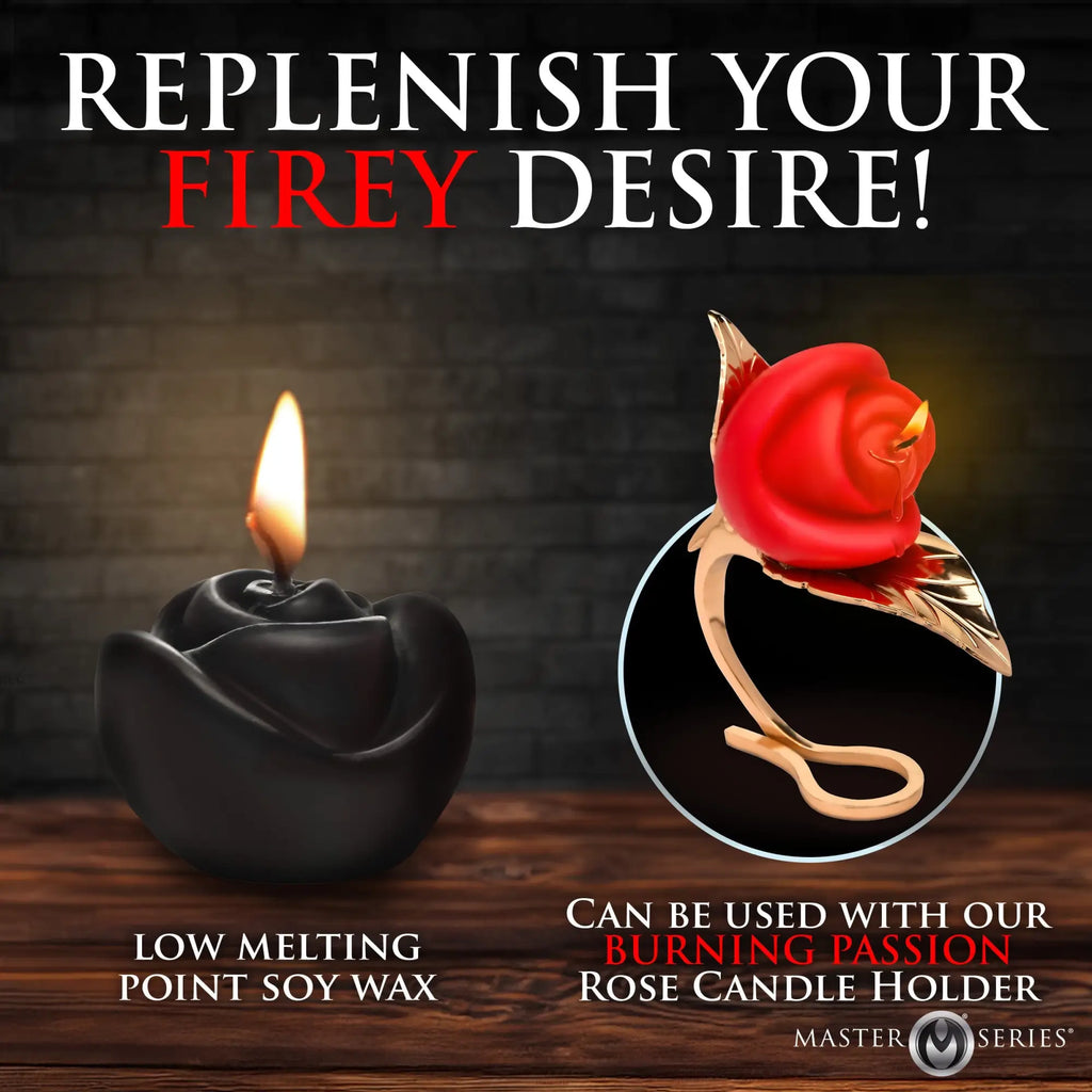 Master Series Fire Garden 3pc Rose Candle Set: black and red rose-shaped soy candles with a gold metal rose holder.