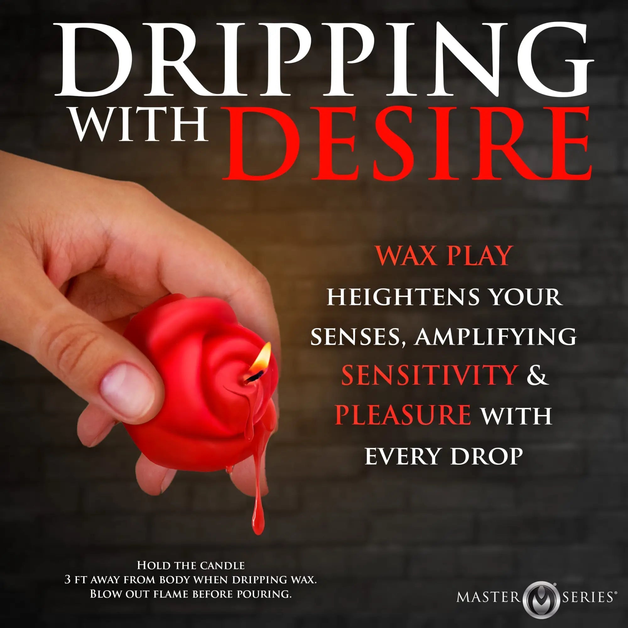 Master Series Fire Garden 3pc Rose Candle Set: A red rose-shaped candle held by a hand, dripping melted wax.