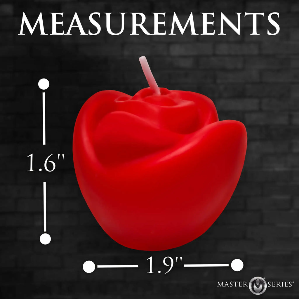 Master Series Fire Garden 3pc Rose Candle shown with 1.6" height and 1.9" width measurement markers on dark background.