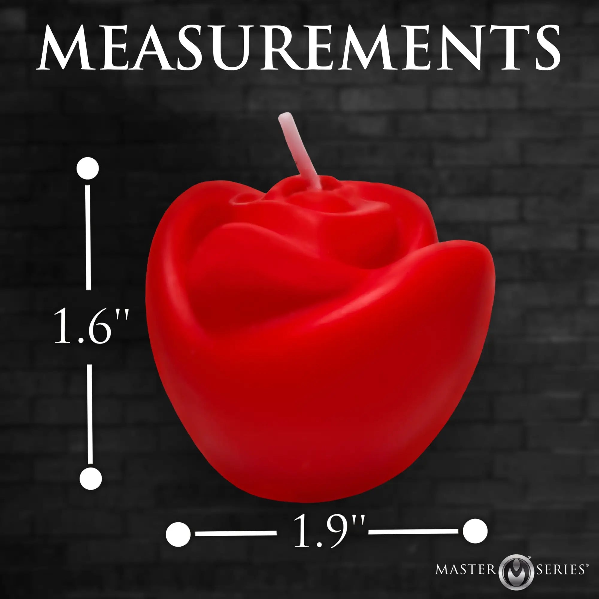 Master Series Fire Garden 3pc Rose Candle shown with 1.6" height and 1.9" width measurement markers on dark background.