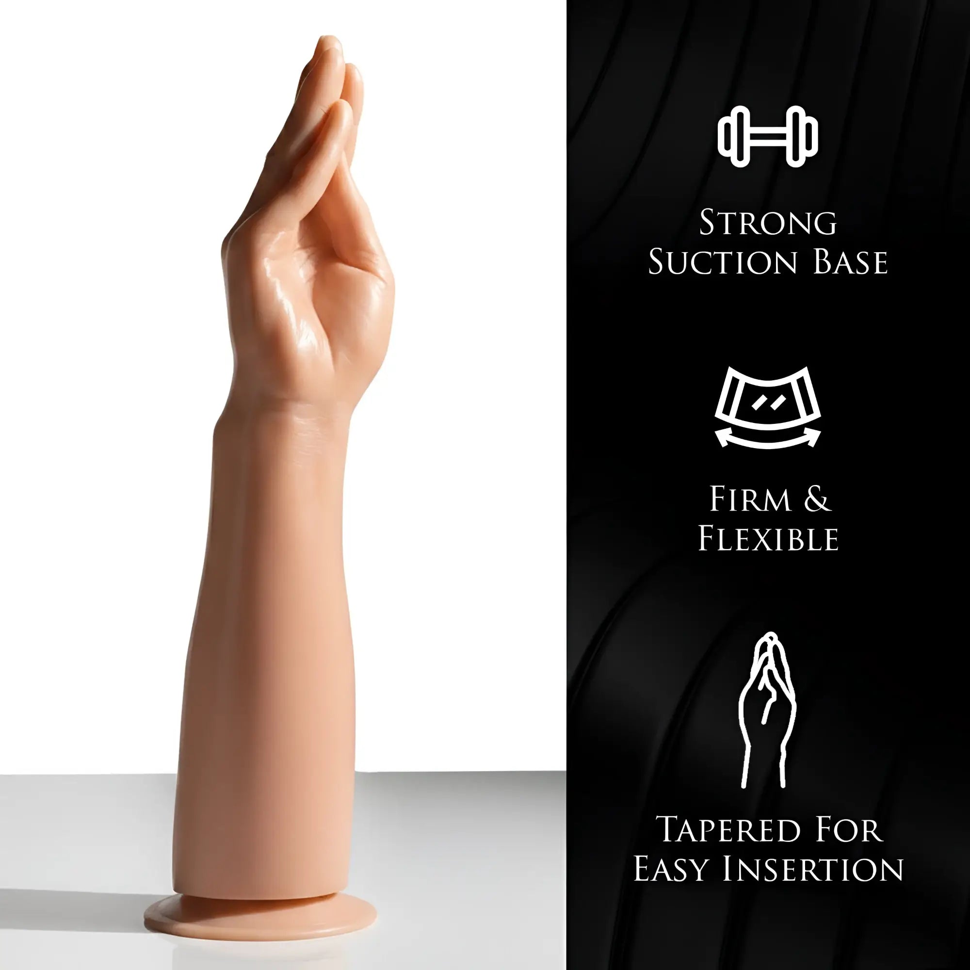 Master Series The Fister dildo: a beige, realistic forearm and hand shape with a tapered tip and suction cup base.