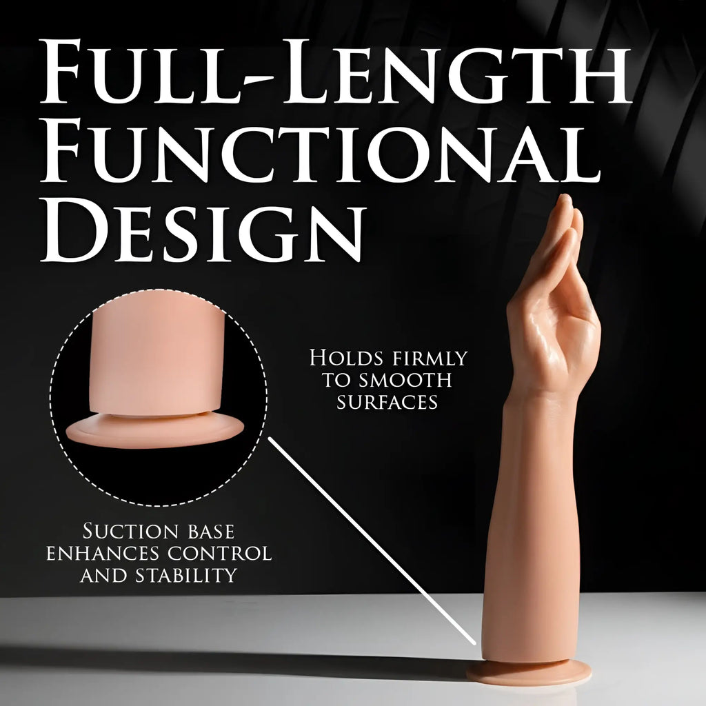 Master Series The Fister, a beige hand and forearm dildo with a suction base on a dark background.
