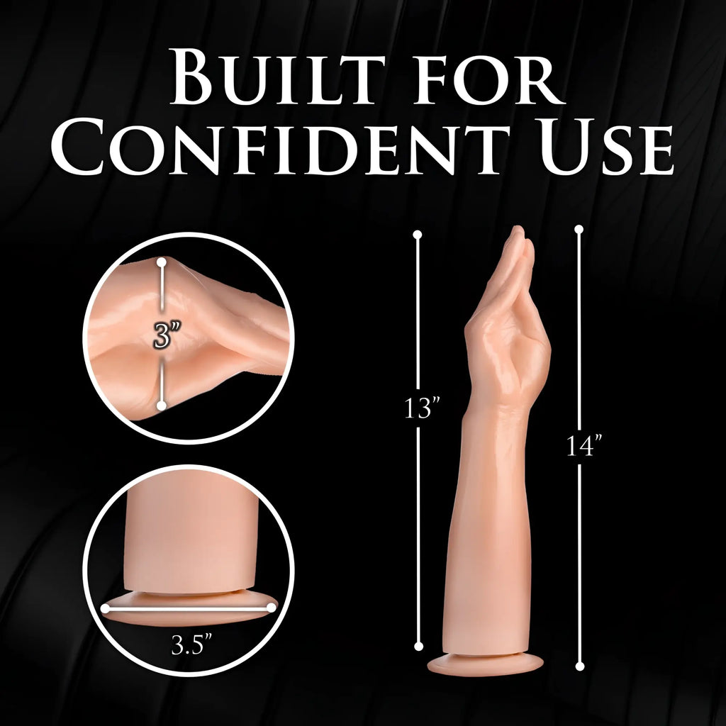 Master Series The Fister dildo: a beige, hand-shaped forearm toy with dimensions labeled on a black background.