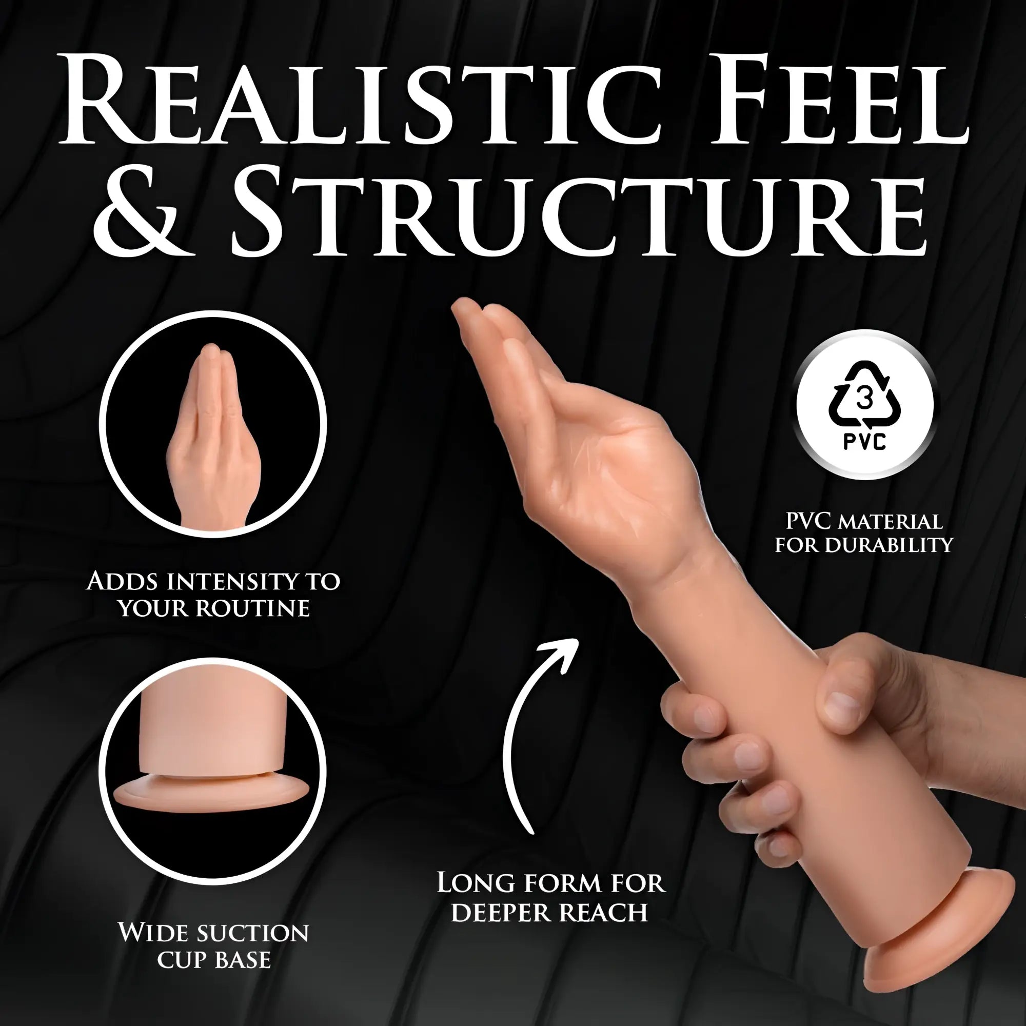 Master Series The Fister is a realistic skin-toned, PVC forearm-shaped dildo with a hand-shaped tip and suction cup base.