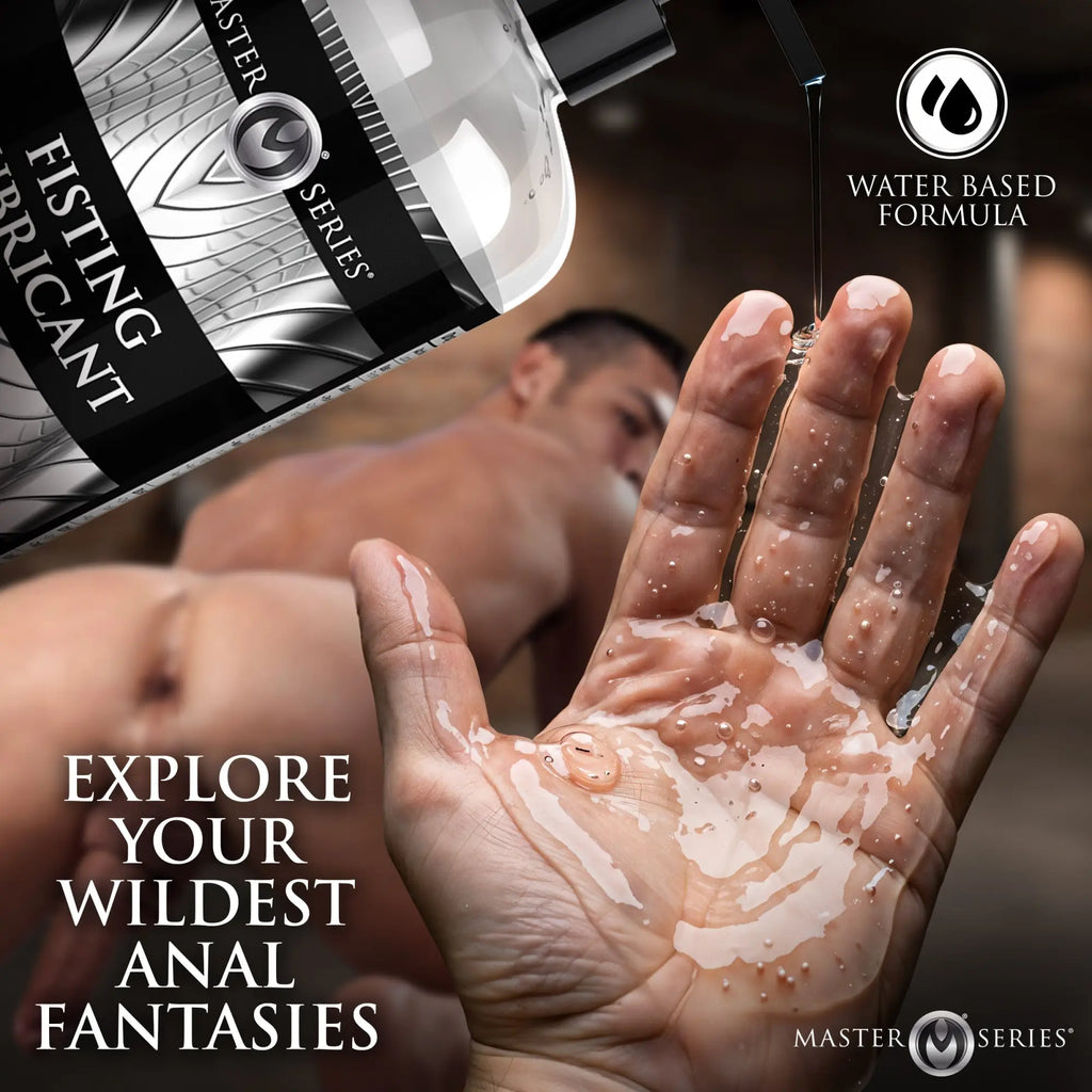 Master Series Fisting Lubricant bottle dispensing clear, viscous gel onto an open hand, with a blurred model in the back.