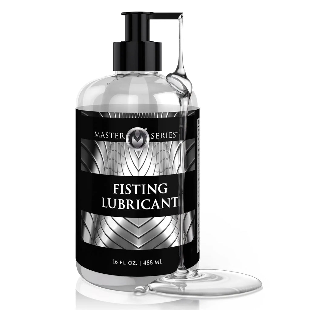 Master Series Fisting Lubricant in a clear pump bottle with a black label, featuring a strand of thick, clear gel.