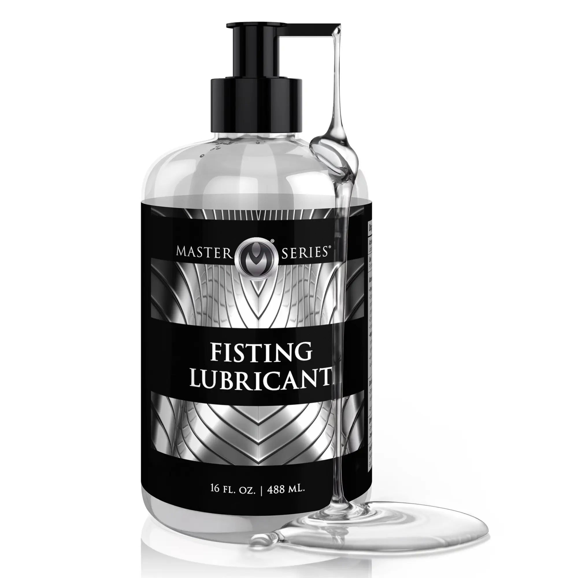 Master Series Fisting Lubricant in a clear pump bottle with a black label, featuring a strand of thick, clear gel.