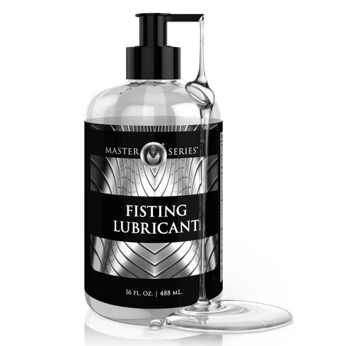 Master Series Fisting Lubricant in a clear pump bottle with a black label, featuring a strand of thick, clear gel.