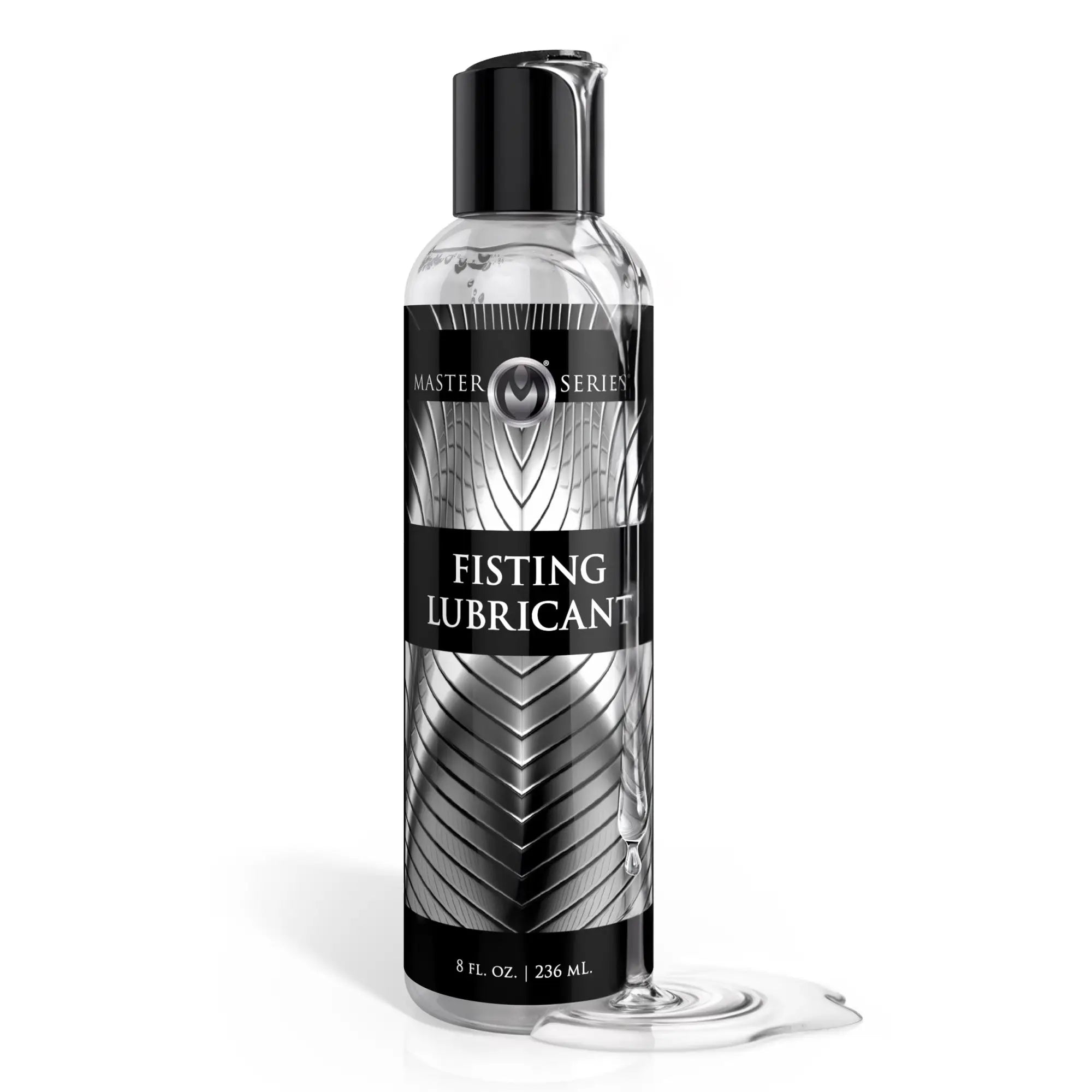 Master Series Fisting Lubricant in a clear 8oz bottle with a black, metallic, geometric-patterned label.